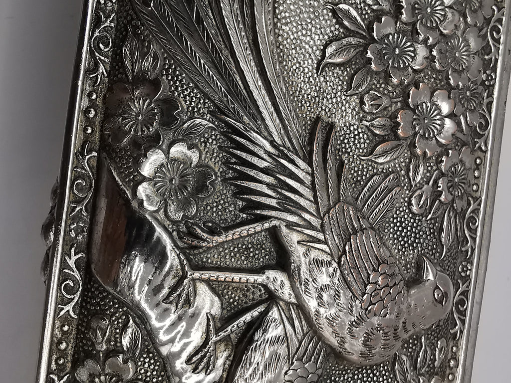 Silver Plated Metal Flowers and Birds Embossed Box, Foreign, Japan