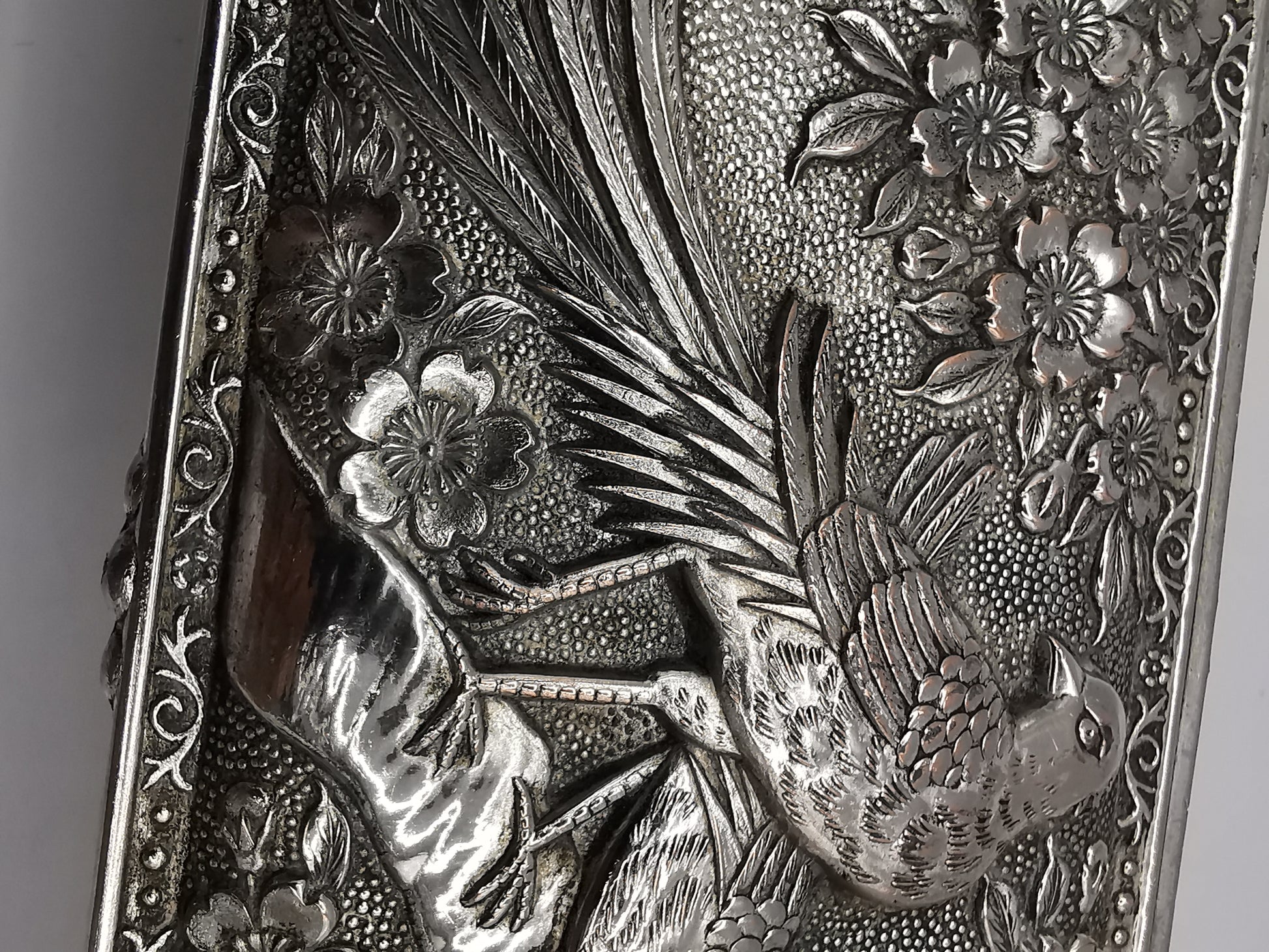 Silver Plated Metal Flowers and Birds Embossed Box, Foreign, Japan