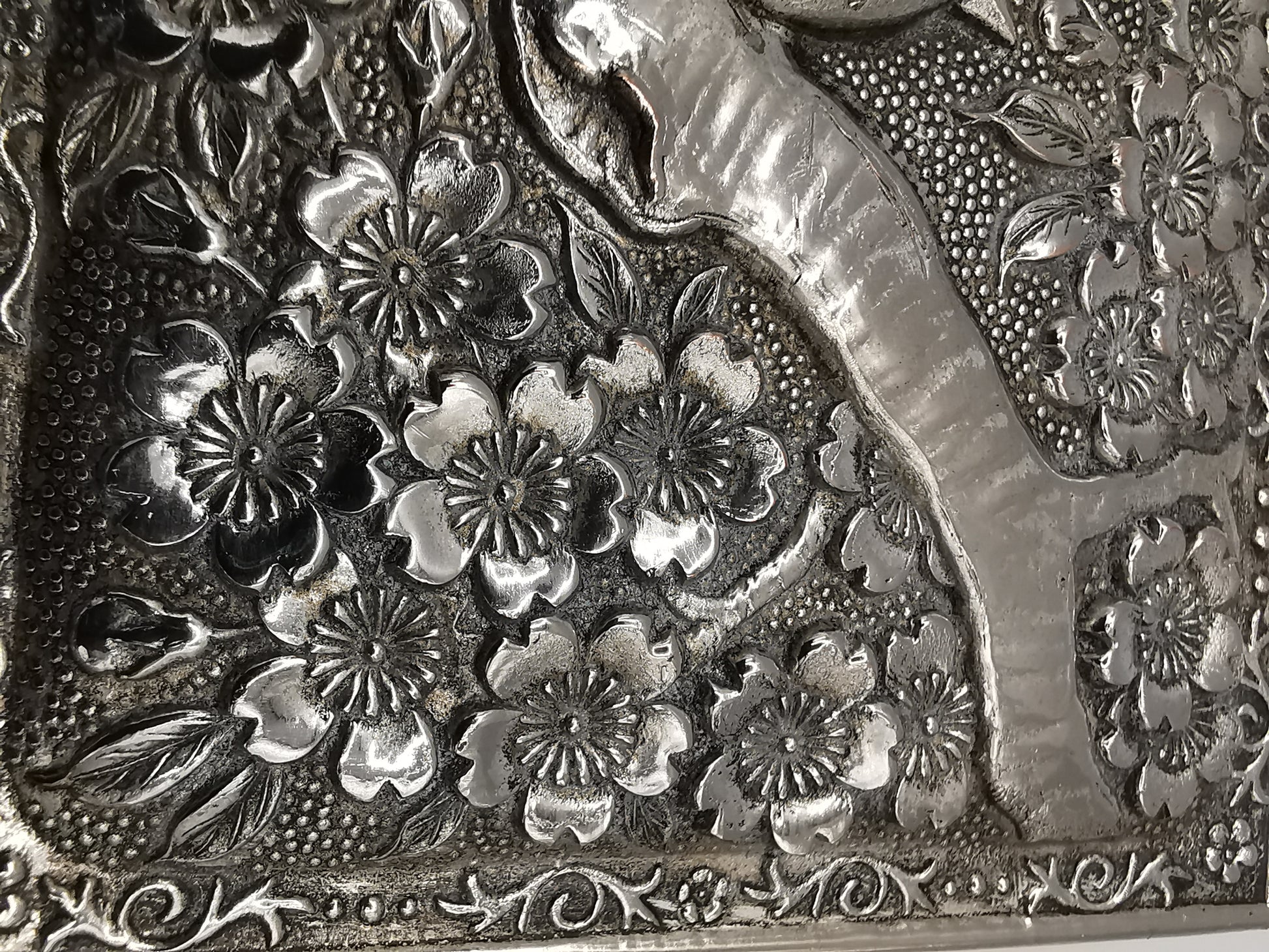 Silver Plated Metal Flowers and Birds Embossed Box, Foreign, Japan