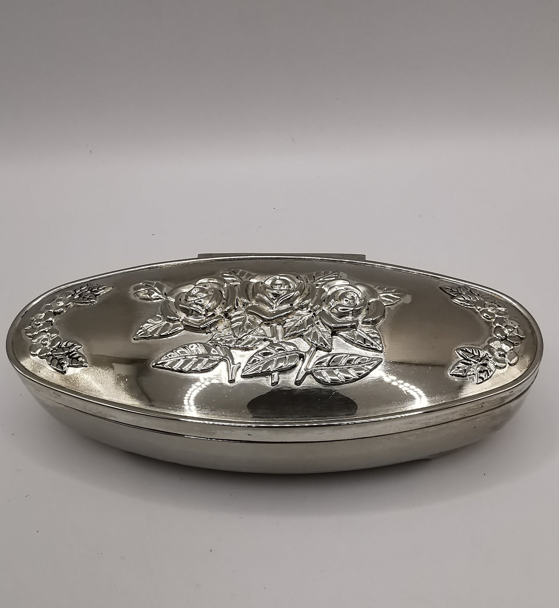 Vintage Silver-Plated Footed Rose Decor Oval Trinket Box