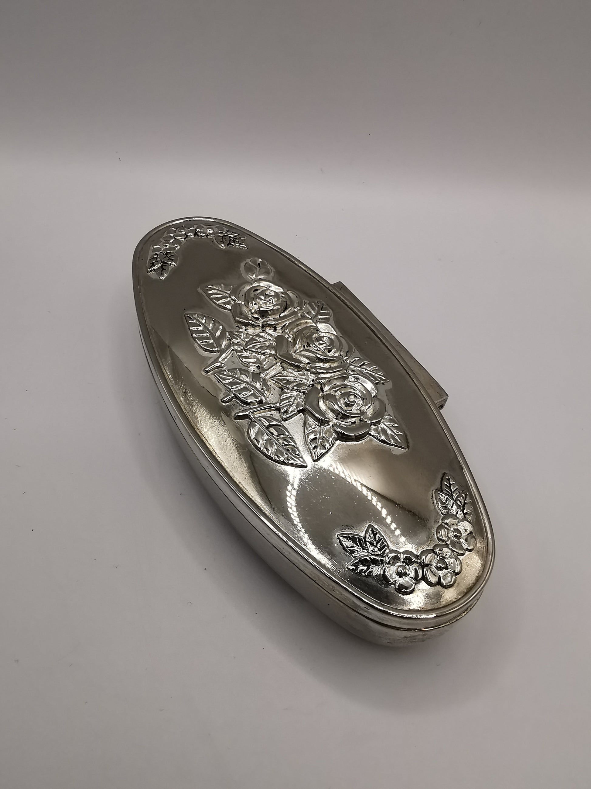 Vintage Silver-Plated Footed Rose Decor Oval Trinket Box