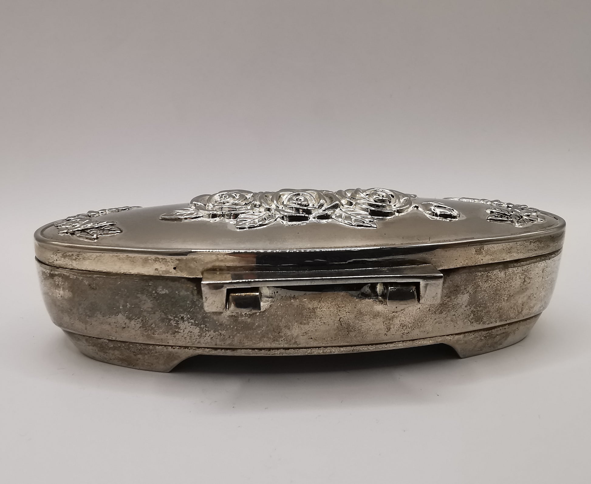 Vintage Silver-Plated Footed Rose Decor Oval Trinket Box