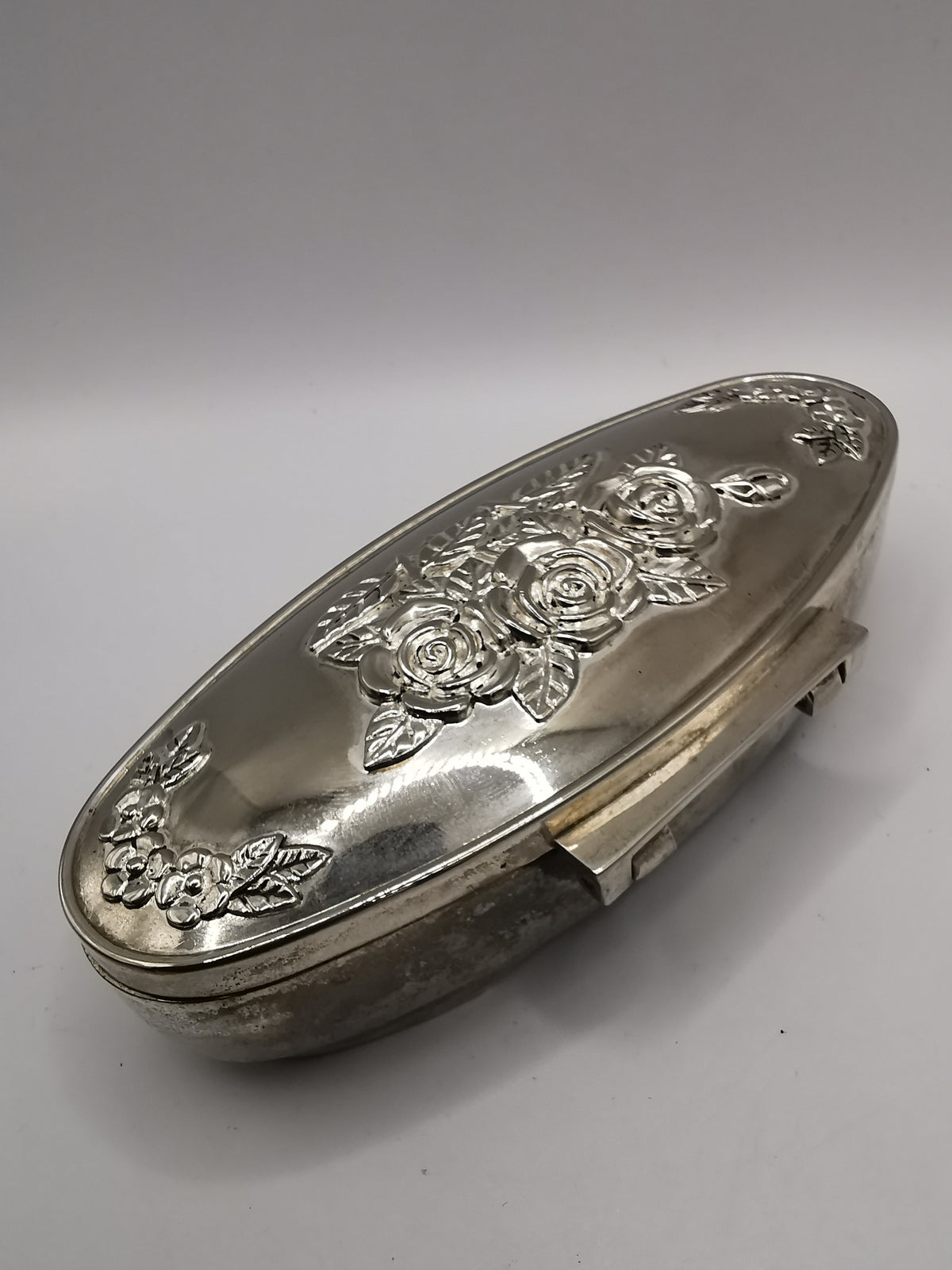 Vintage Silver-Plated Footed Rose Decor Oval Trinket Box