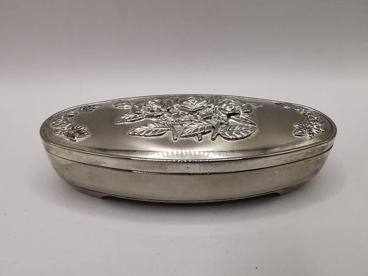 Vintage Silver-Plated Footed Rose Decor Oval Trinket Box