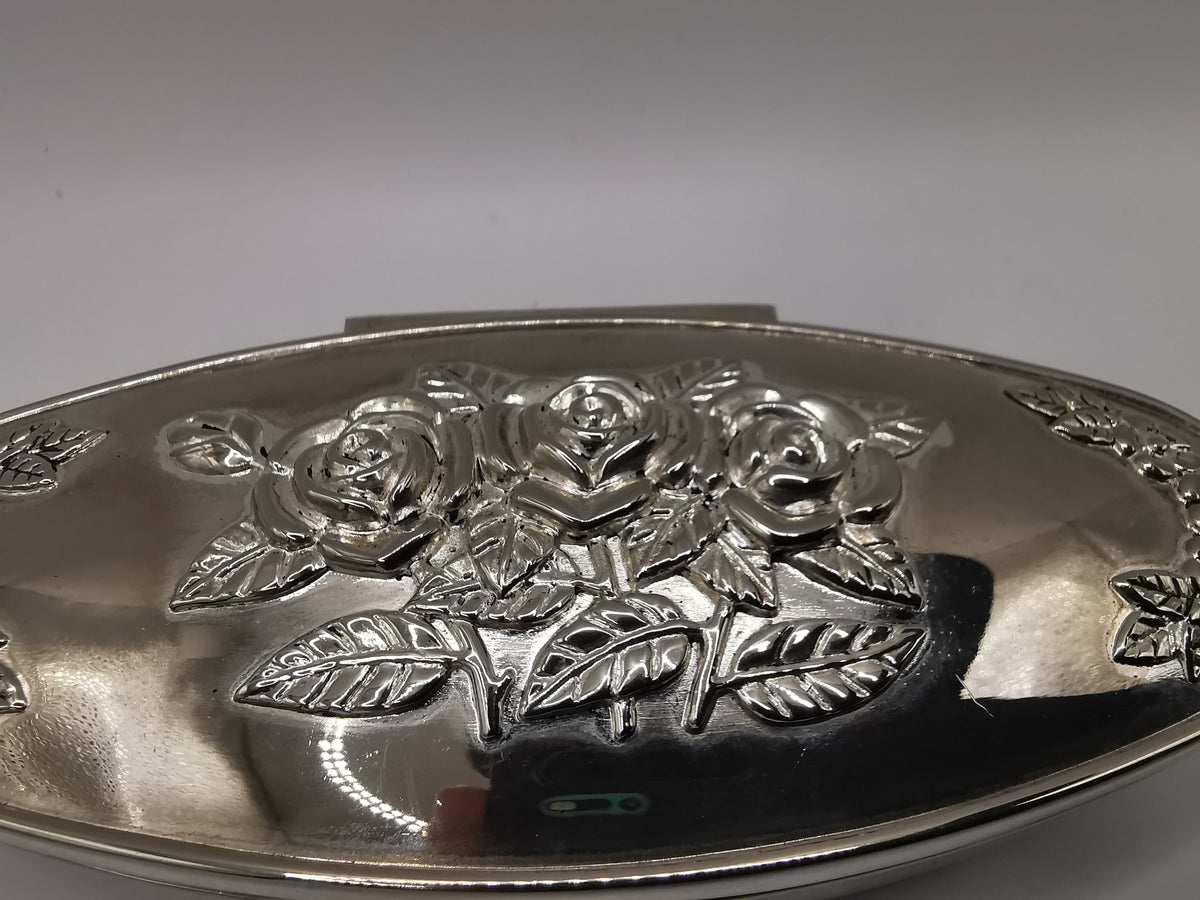 Vintage Silver-Plated Footed Rose Decor Oval Trinket Box