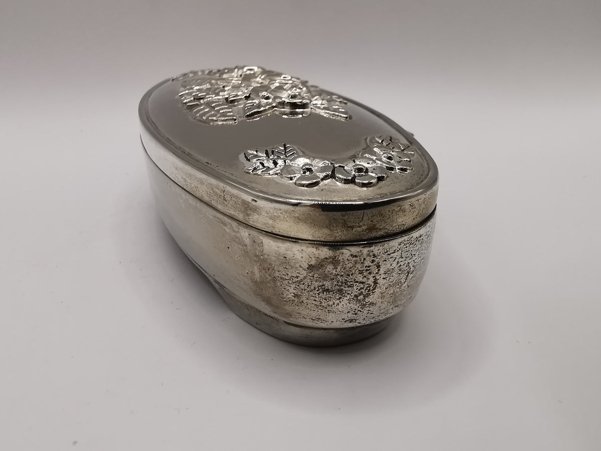 Vintage Silver-Plated Footed Rose Decor Oval Trinket Box