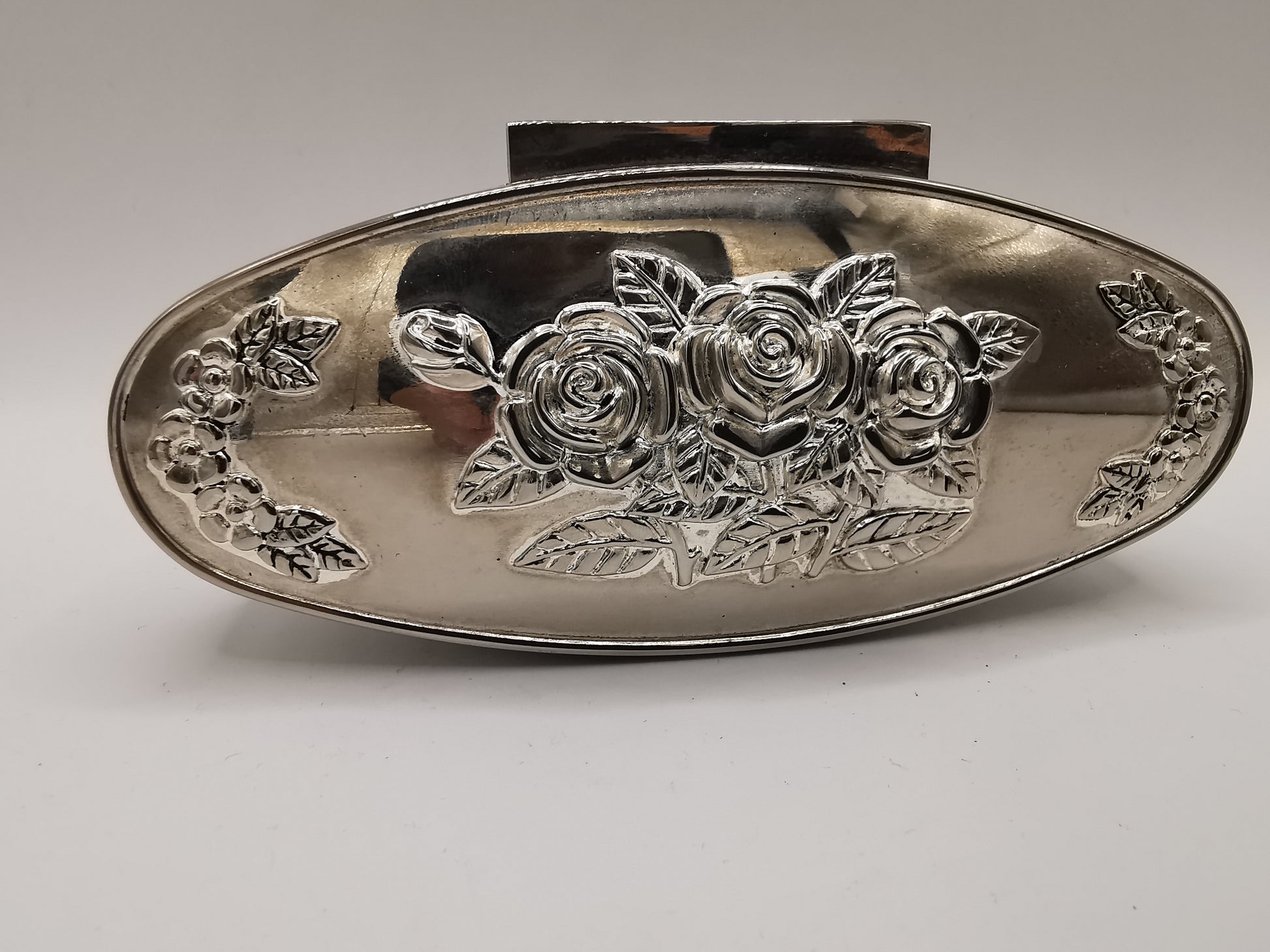 Vintage Silver-Plated Footed Rose Decor Oval Trinket Box