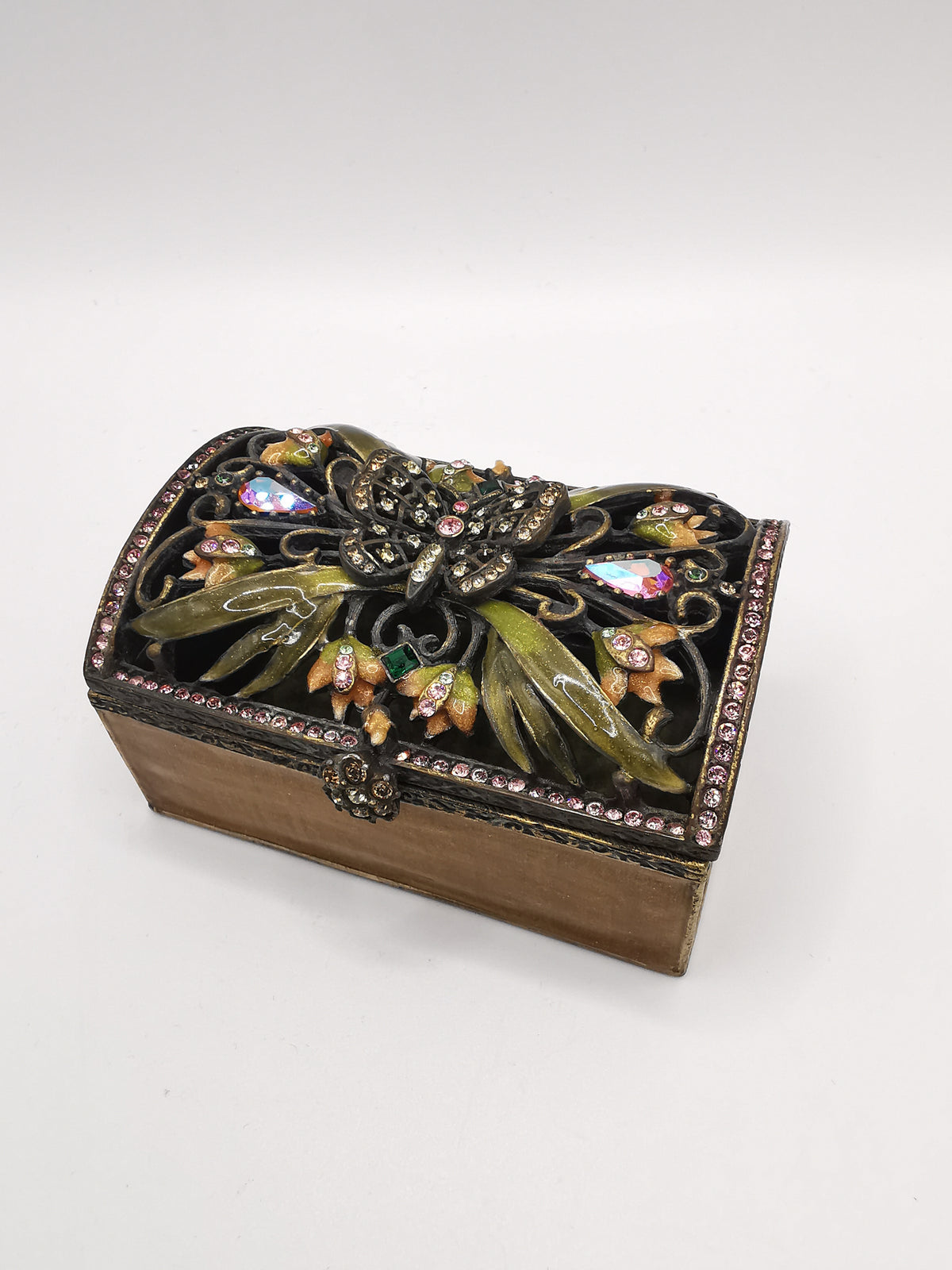Vintage Jay Strongwater Enameled Butterfly Openwork Trinket Box with Aurora Borealis Crystals
