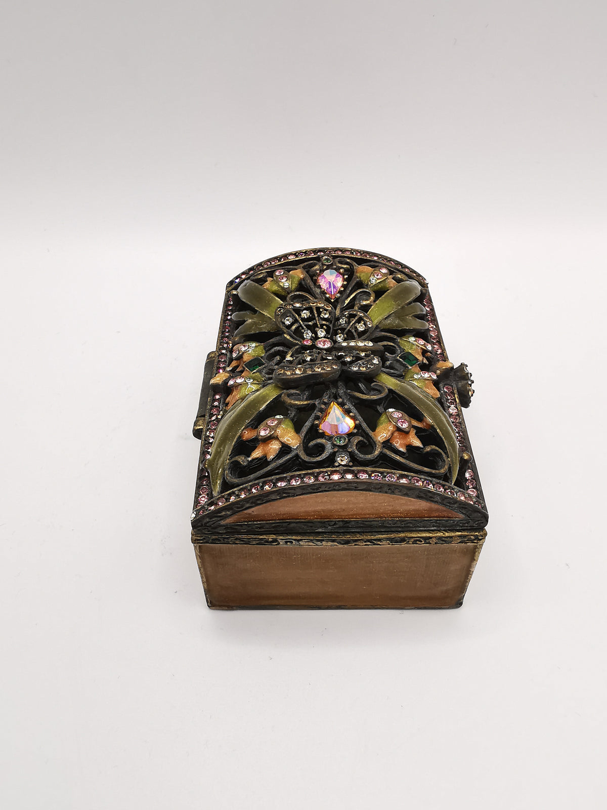 Vintage Jay Strongwater Enameled Butterfly Openwork Trinket Box with Aurora Borealis Crystals