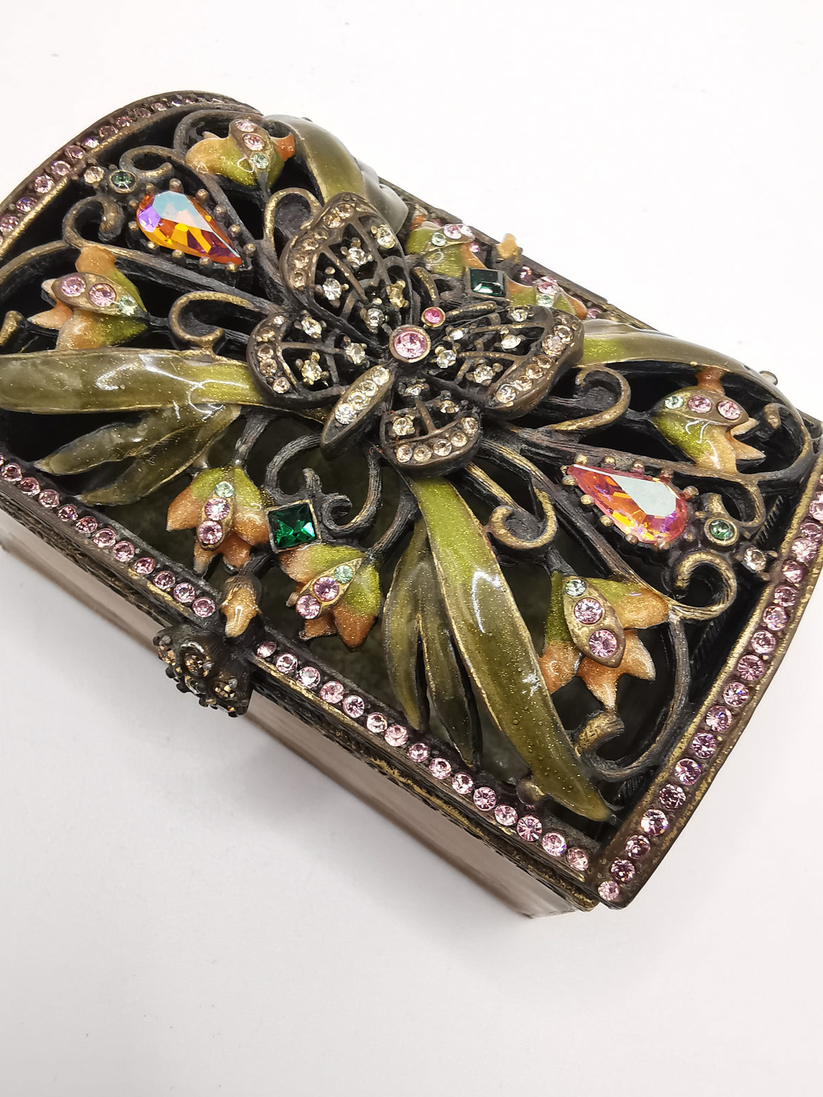 Vintage Jay Strongwater Enameled Butterfly Openwork Trinket Box with Aurora Borealis Crystals