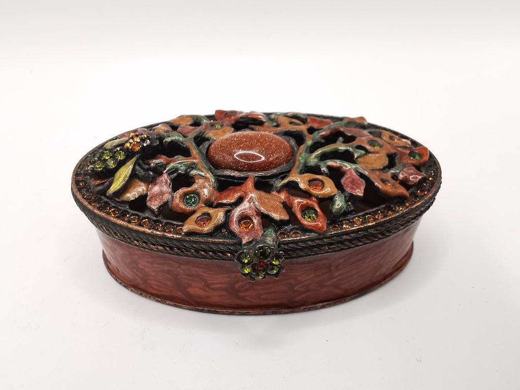 Vintage Jay Strongwater Enameled Botanical Bee Oval Trinket Box with Goldstone & Swarovski Crystals