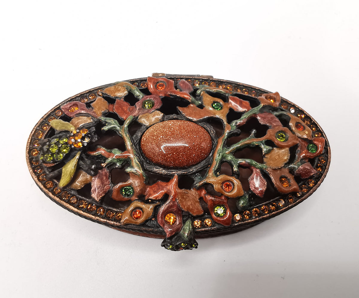 Vintage Jay Strongwater Enameled Botanical Bee Oval Trinket Box with Goldstone & Swarovski Crystals