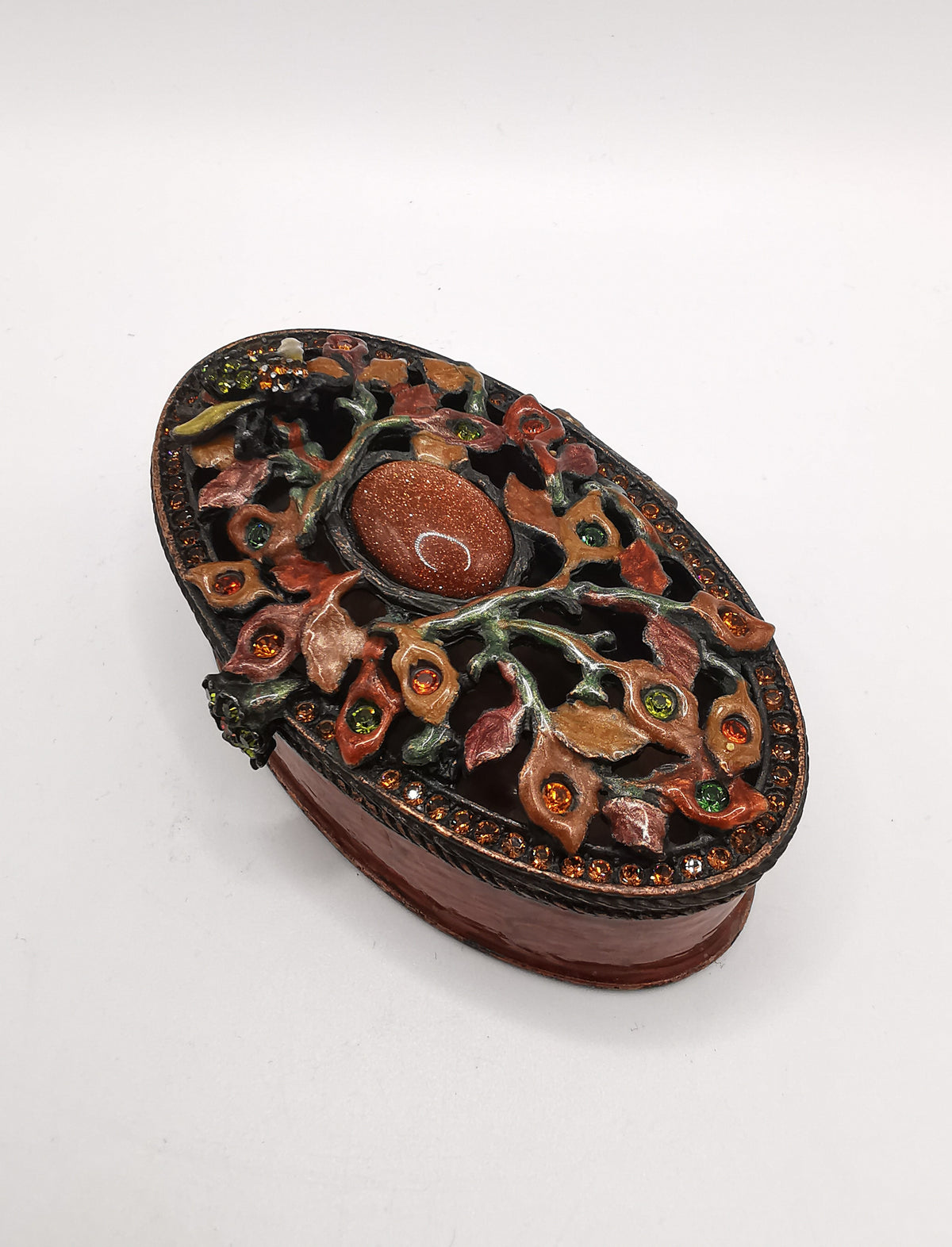 Vintage Jay Strongwater Enameled Botanical Bee Oval Trinket Box with Goldstone & Swarovski Crystals