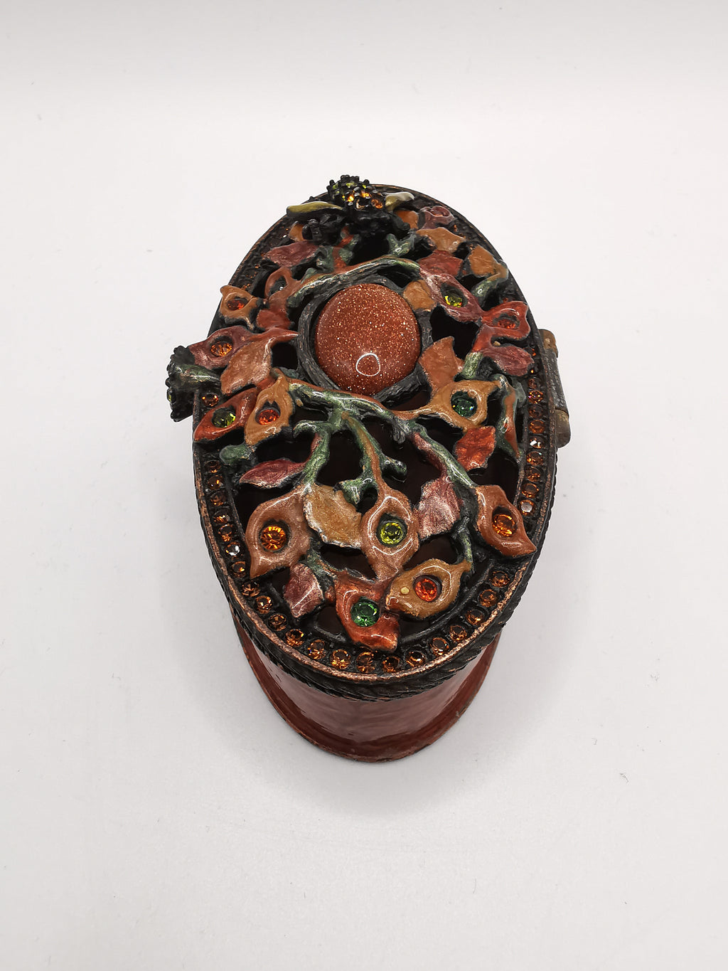 Vintage Jay Strongwater Enameled Botanical Bee Oval Trinket Box with Goldstone & Swarovski Crystals
