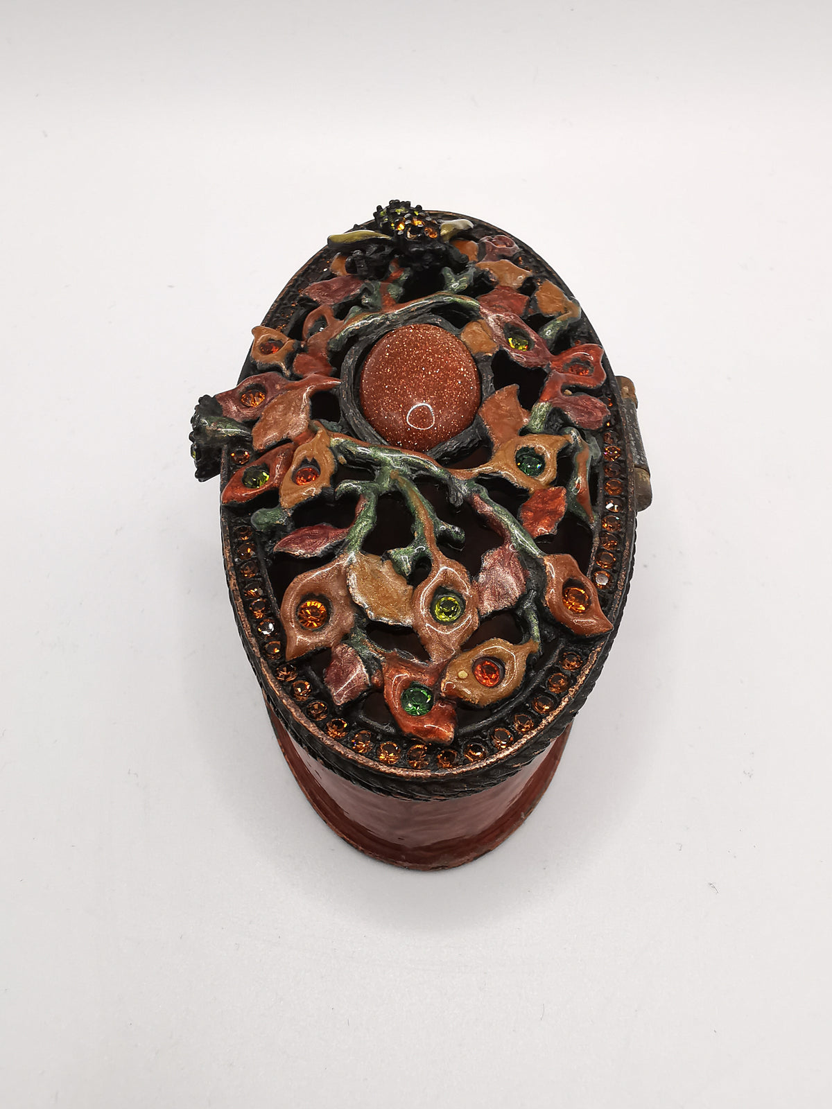 Vintage Jay Strongwater Enameled Botanical Bee Oval Trinket Box with Goldstone & Swarovski Crystals