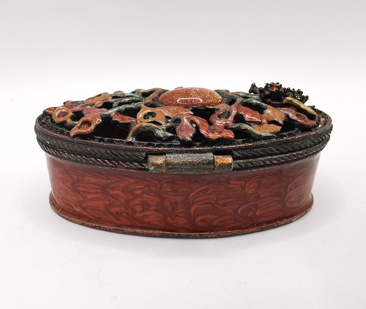 Vintage Jay Strongwater Enameled Botanical Bee Oval Trinket Box with Goldstone & Swarovski Crystals
