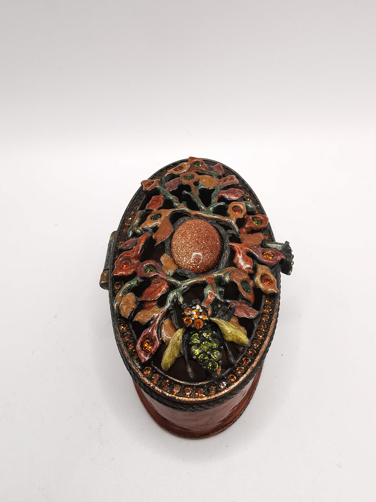 Vintage Jay Strongwater Enameled Botanical Bee Oval Trinket Box with Goldstone & Swarovski Crystals