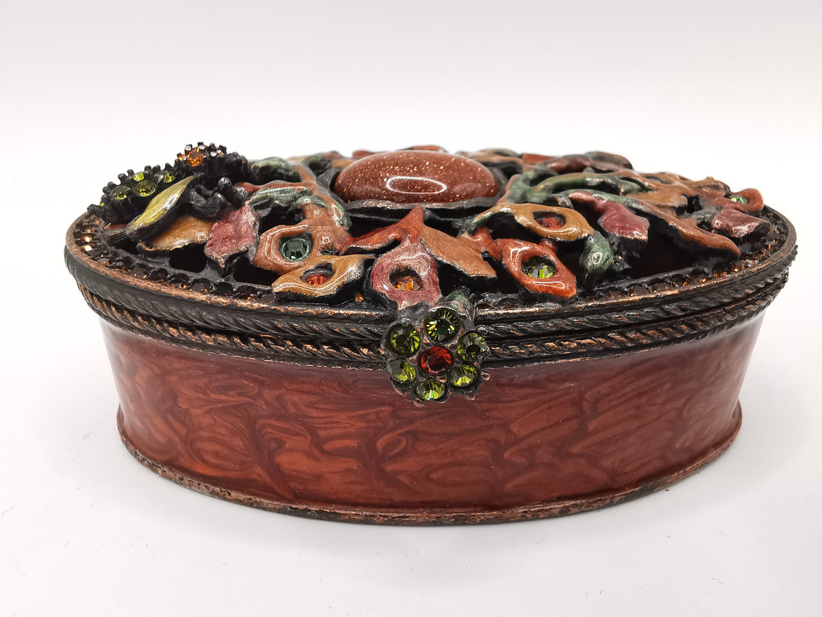 Vintage Jay Strongwater Enameled Botanical Bee Oval Trinket Box with Goldstone & Swarovski Crystals