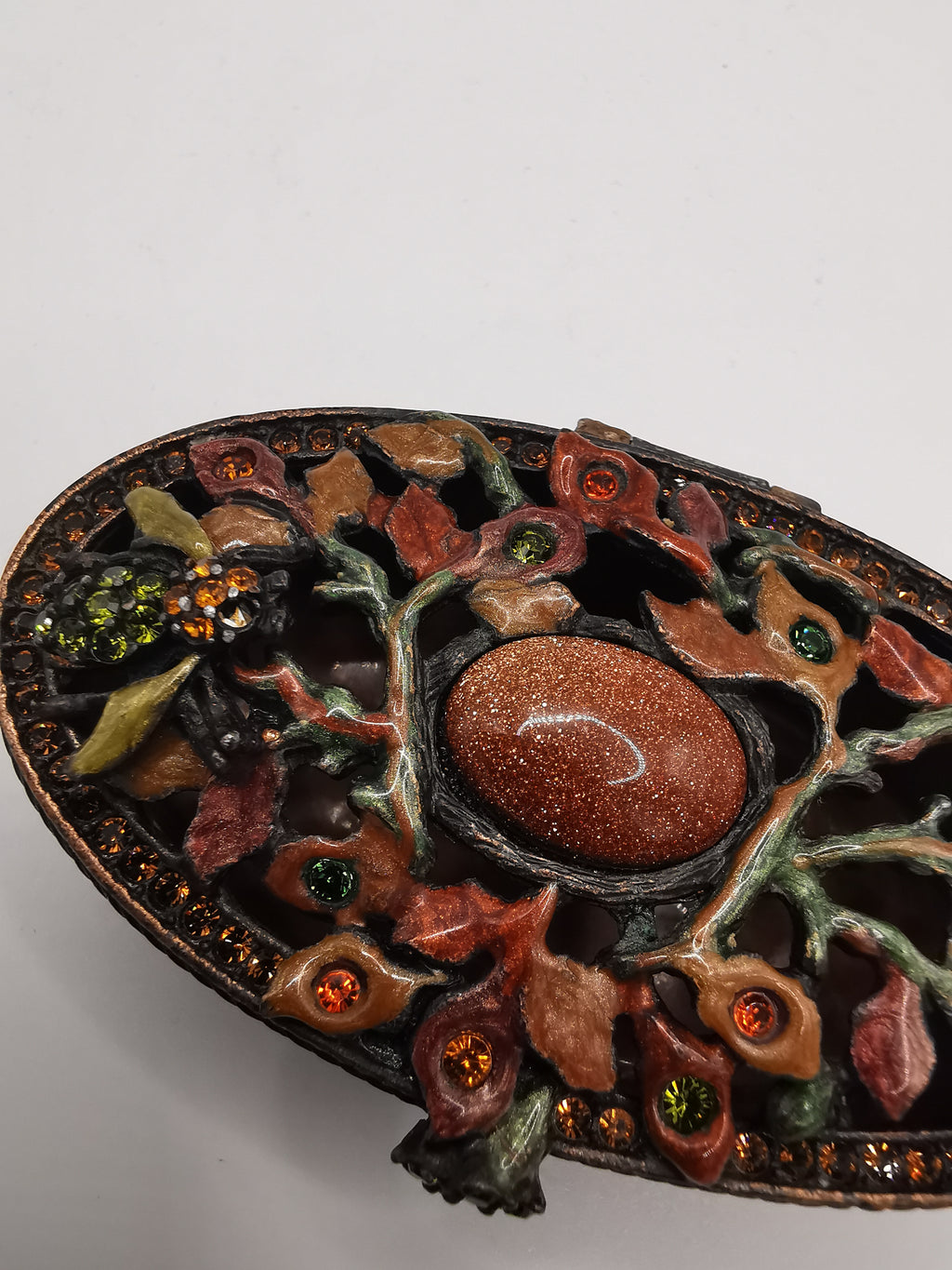 Vintage Jay Strongwater Enameled Botanical Bee Oval Trinket Box with Goldstone & Swarovski Crystals