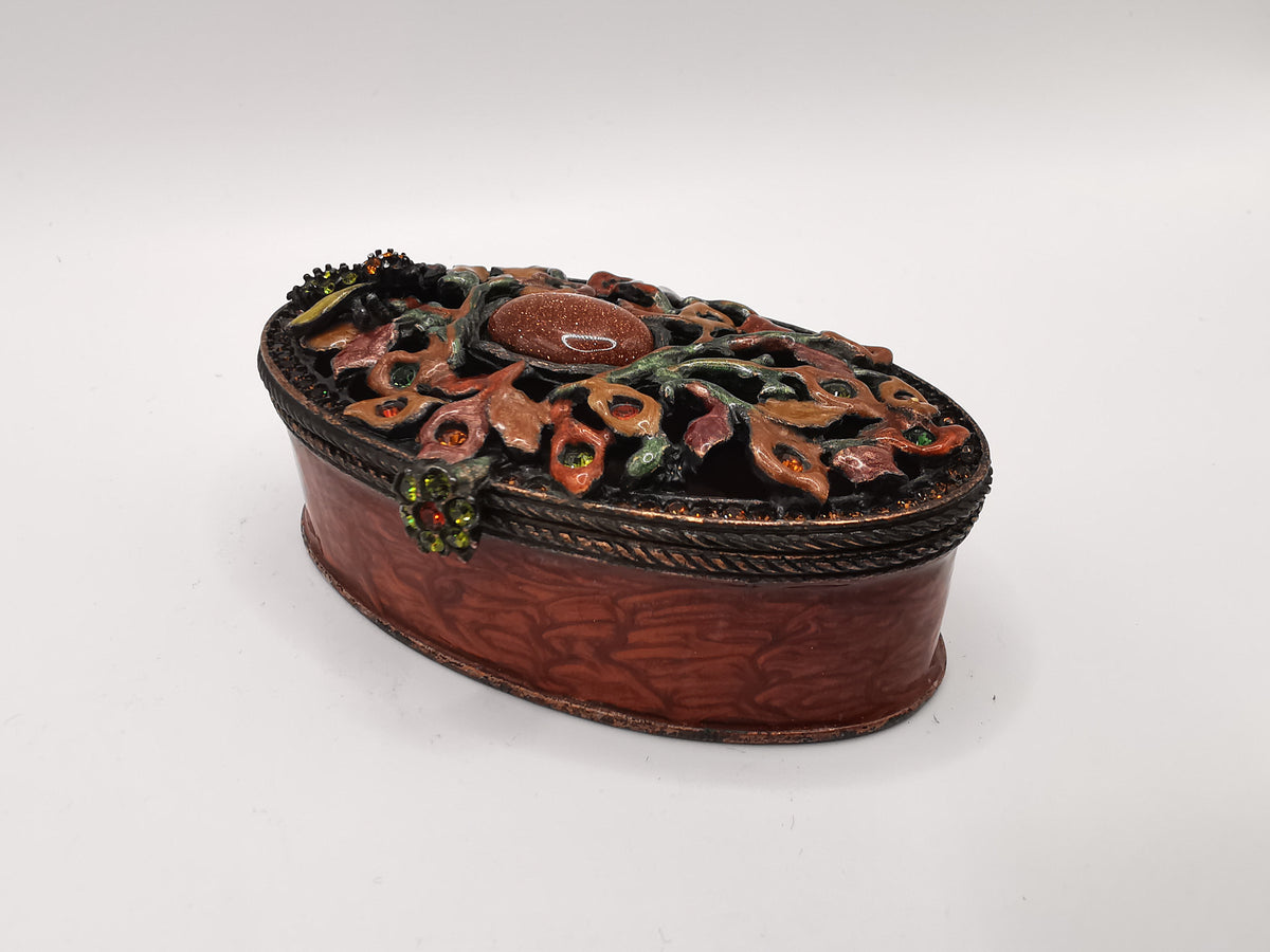 Vintage Jay Strongwater Enameled Botanical Bee Oval Trinket Box with Goldstone & Swarovski Crystals