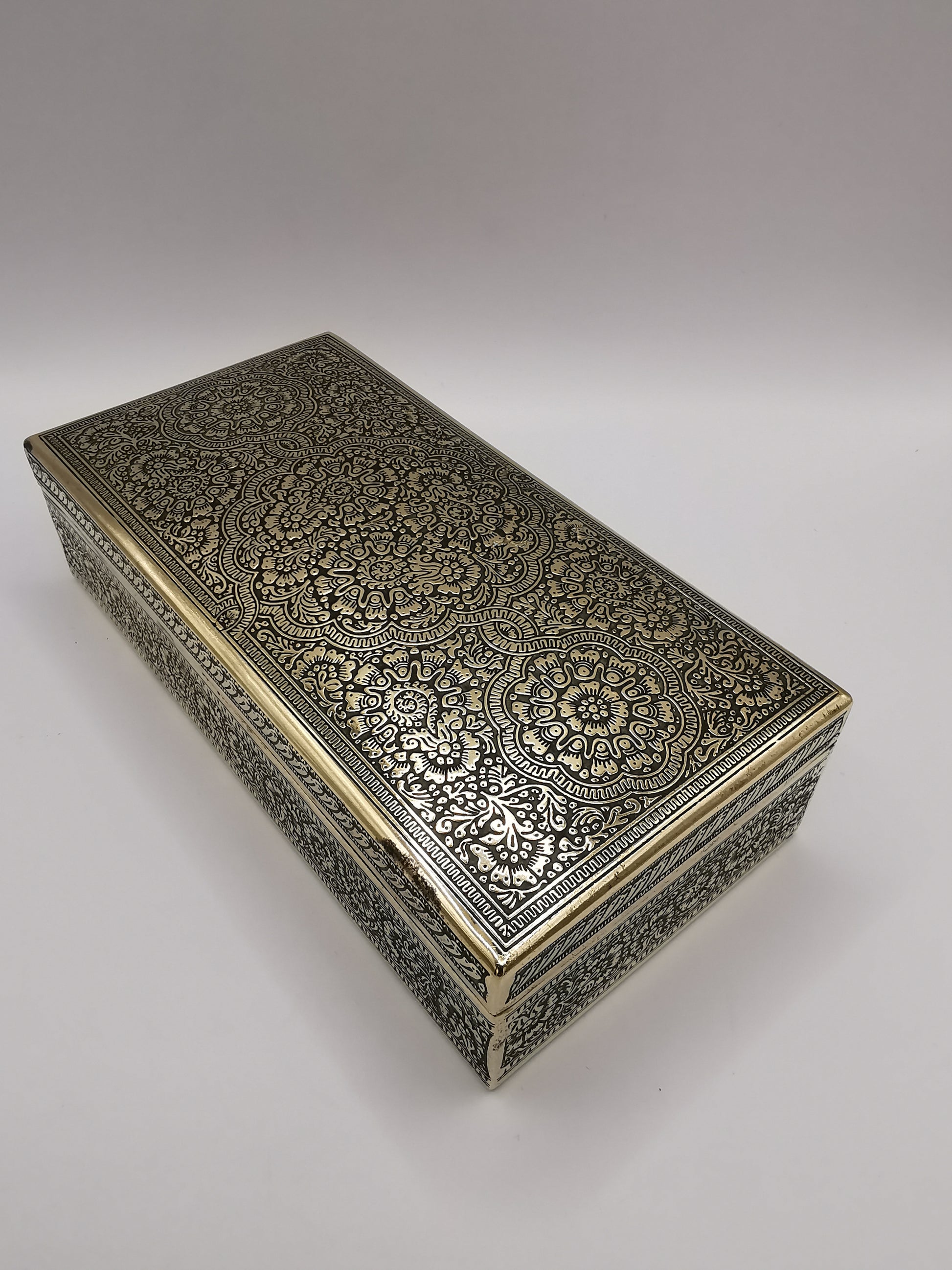 Antique/Vintage Kinco Brass Casket Box Intricate Indo-Persian Etched Motif