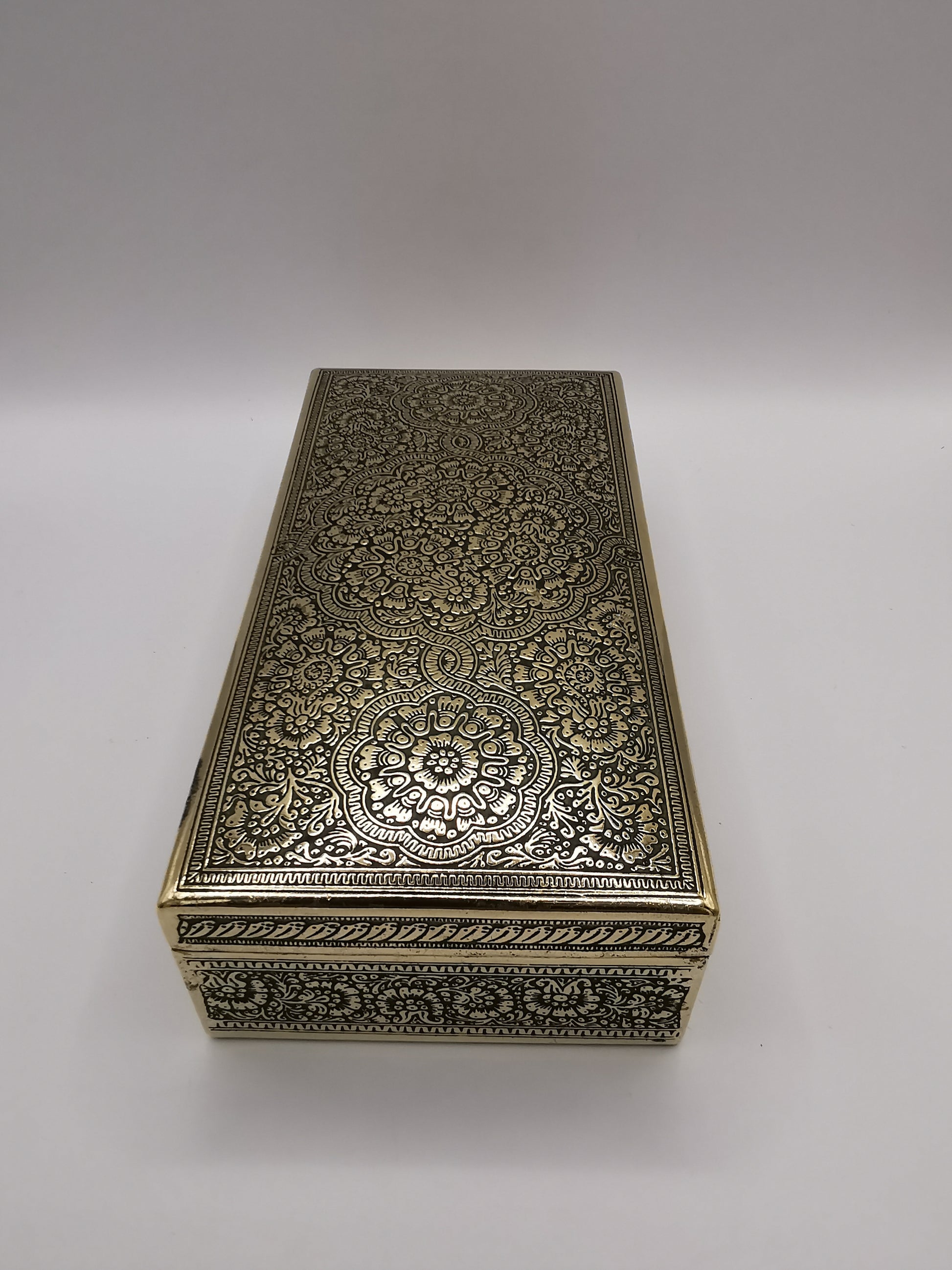 Antique/Vintage Kinco Brass Casket Box Intricate Indo-Persian Etched Motif