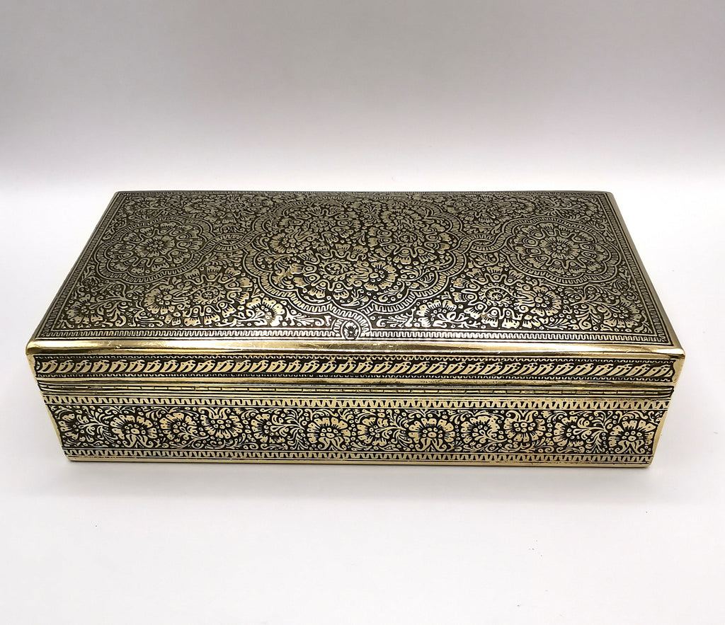 Antique/Vintage Kinco Brass Casket Box Intricate Indo-Persian Etched Motif