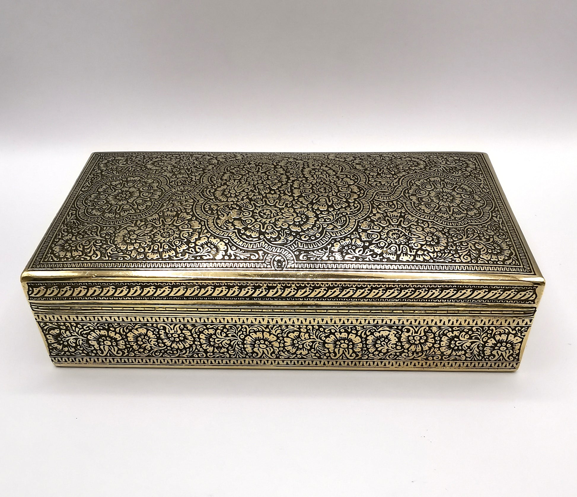 Antique/Vintage Kinco Brass Casket Box Intricate Indo-Persian Etched Motif
