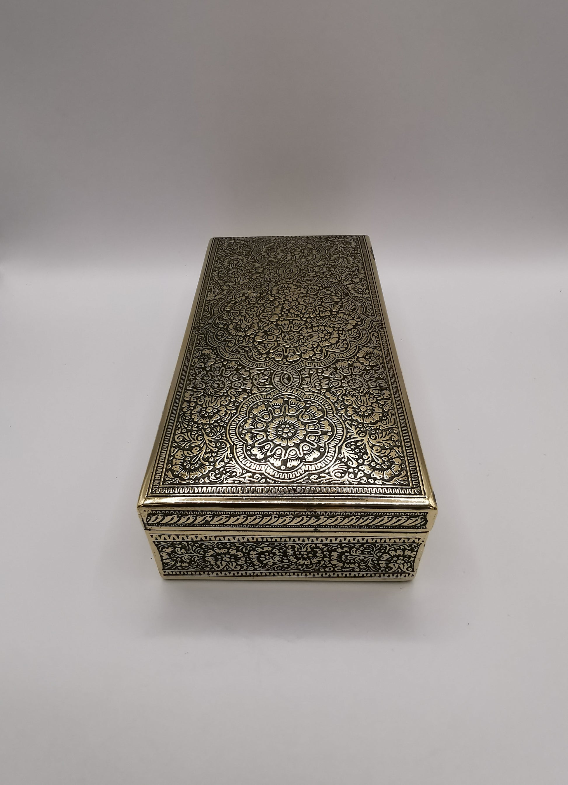 Antique/Vintage Kinco Brass Casket Box Intricate Indo-Persian Etched Motif