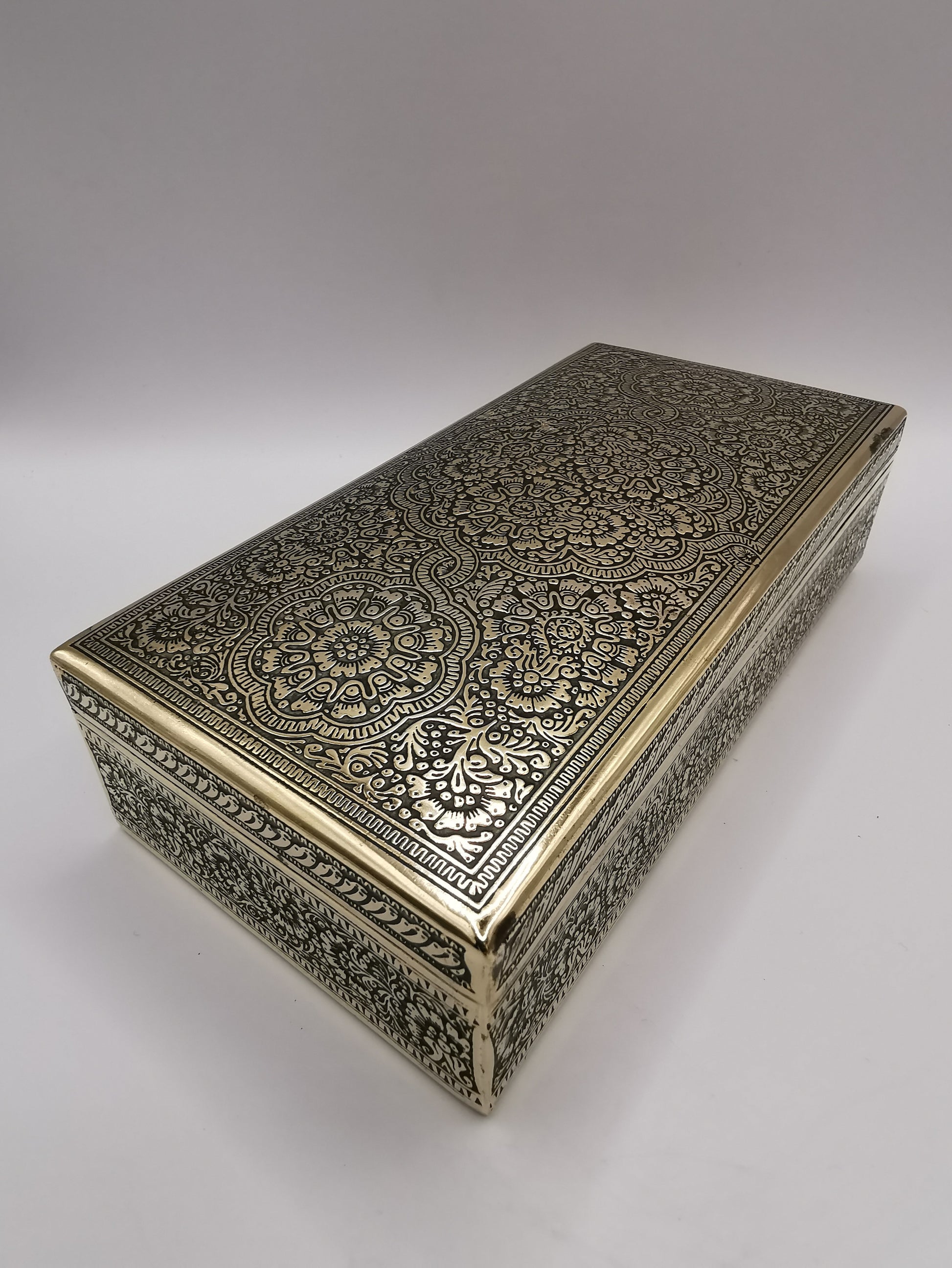 Antique/Vintage Kinco Brass Casket Box Intricate Indo-Persian Etched Motif