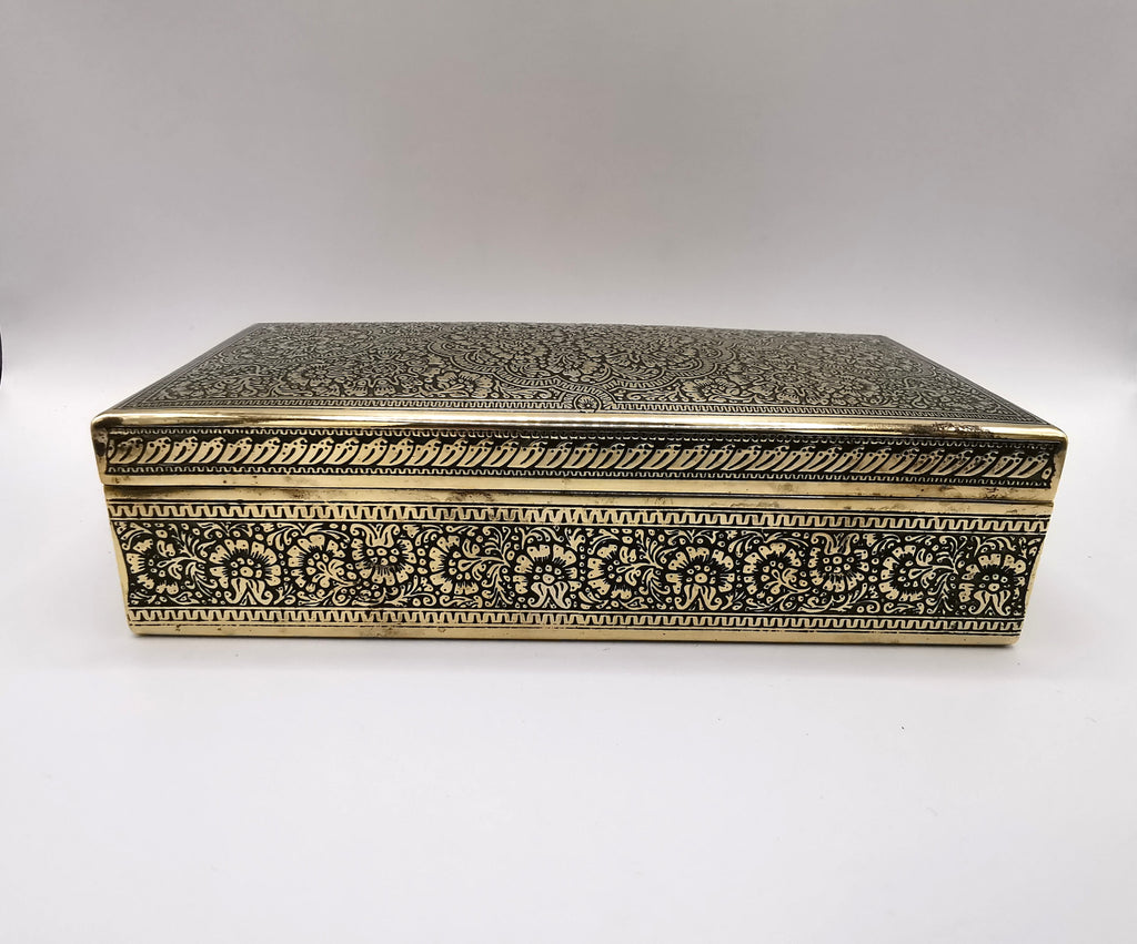Antique/Vintage Kinco Brass Casket Box Intricate Indo-Persian Etched Motif