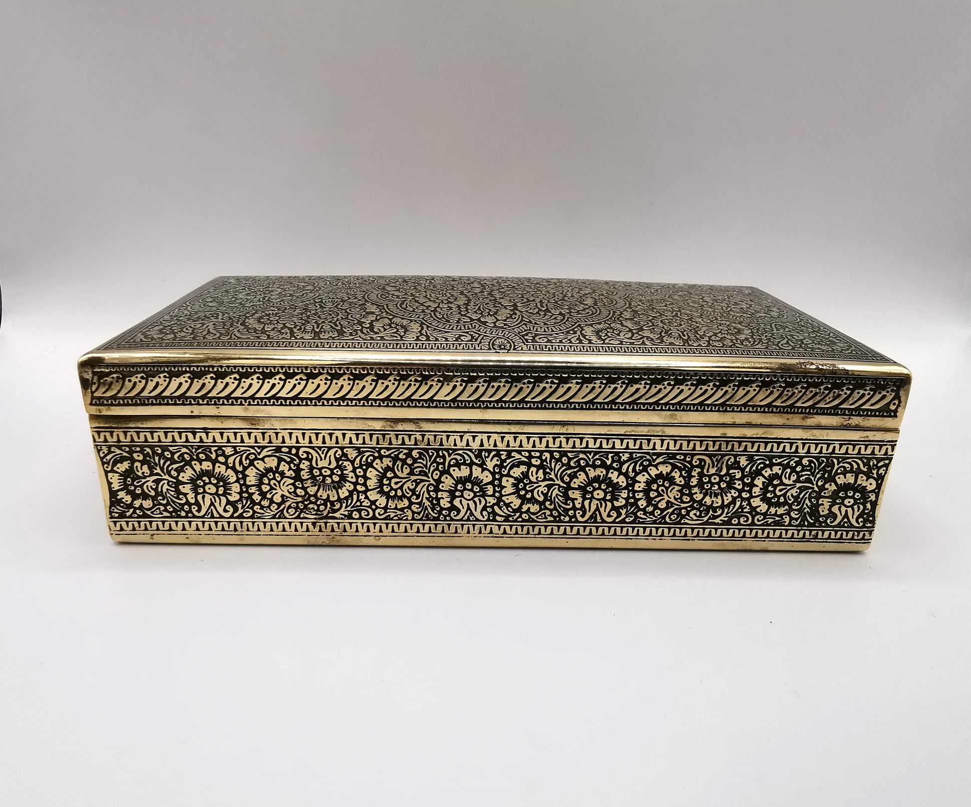 Antique/Vintage Kinco Brass Casket Box Intricate Indo-Persian Etched Motif