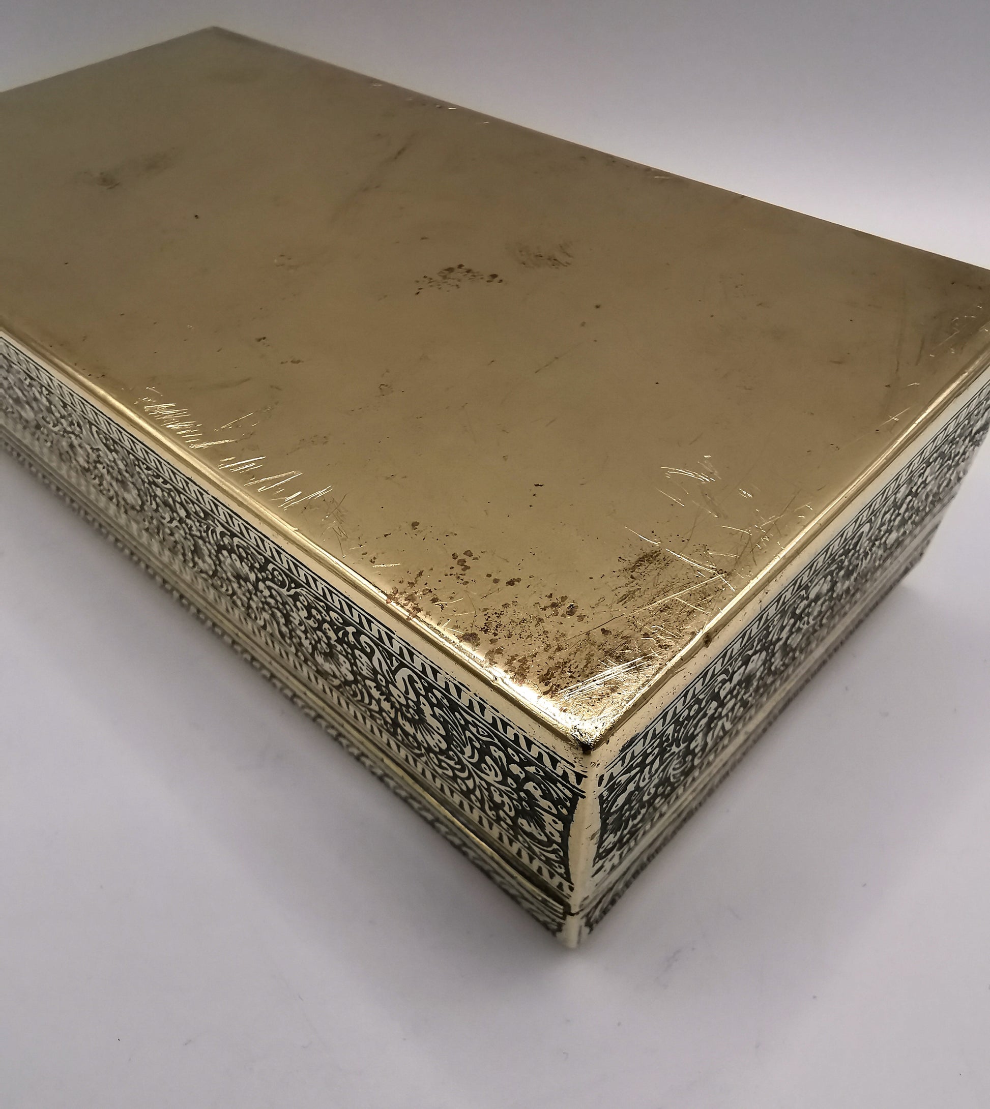 Antique/Vintage Kinco Brass Casket Box Intricate Indo-Persian Etched Motif