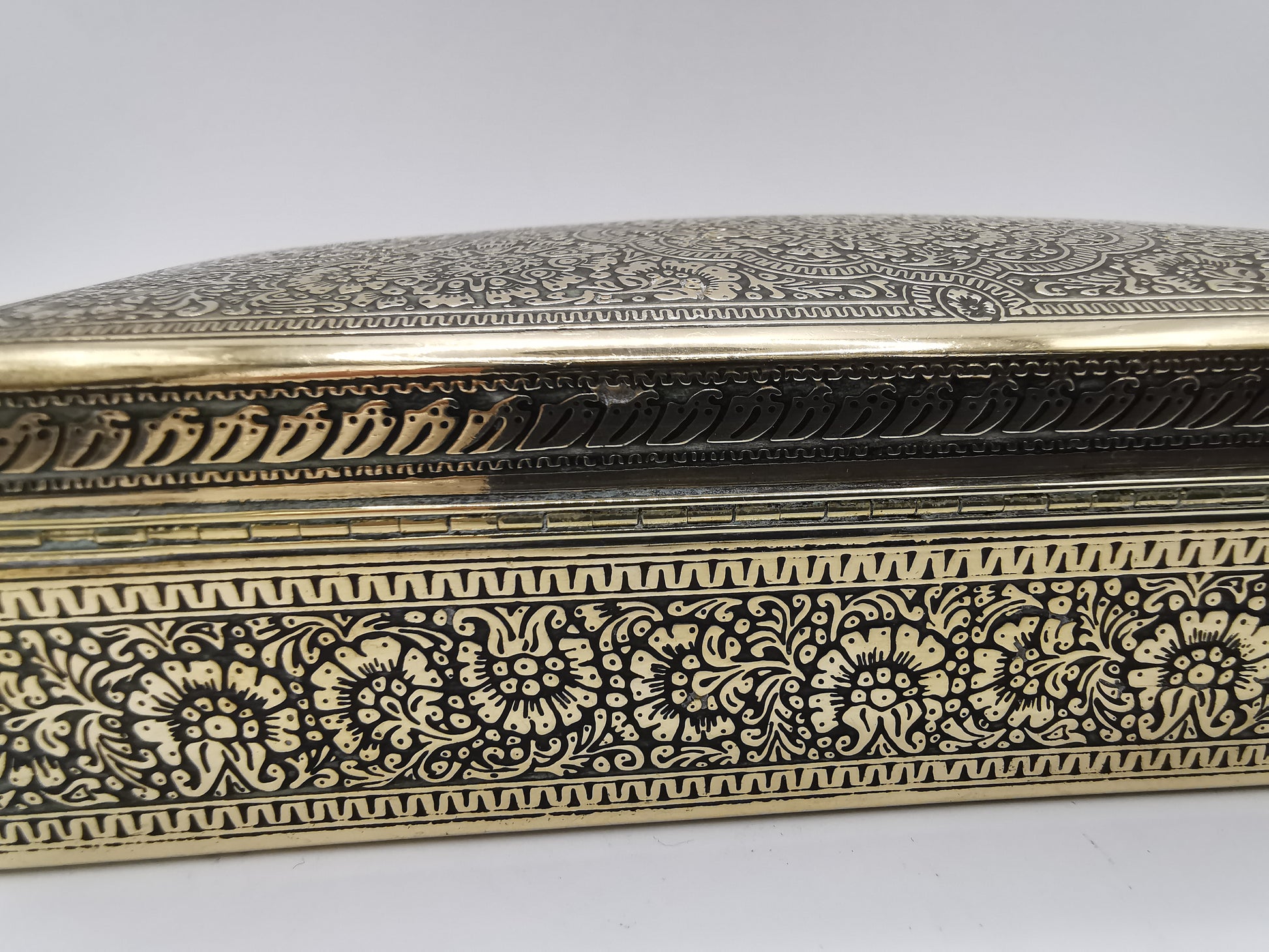 Antique/Vintage Kinco Brass Casket Box Intricate Indo-Persian Etched Motif