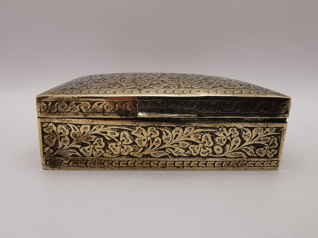 Antique/Vintage British India Hand-Engraved Wood-Lined Brass Trinket Box  1920s/1930s