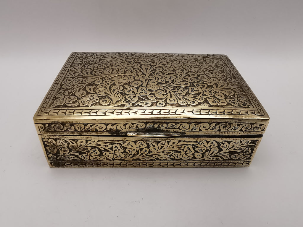 Antique/Vintage British India Hand-Engraved Wood-Lined Brass Trinket Box  1920s/1930s