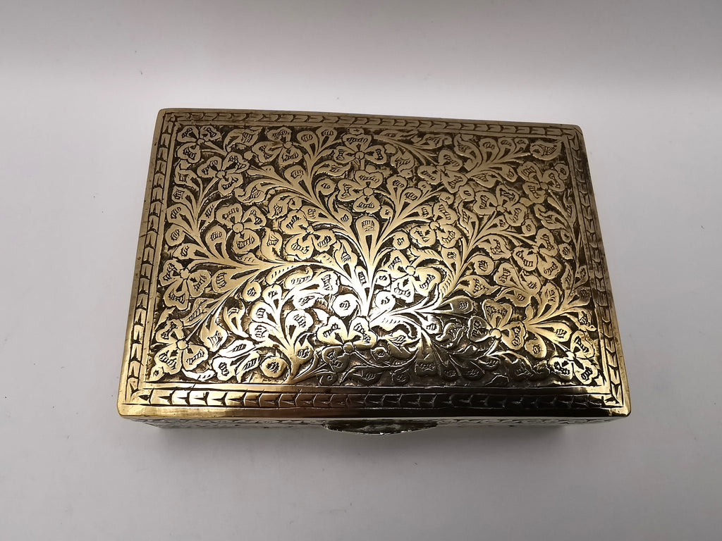 Antique/Vintage British India Hand-Engraved Wood-Lined Brass Trinket Box  1920s/1930s