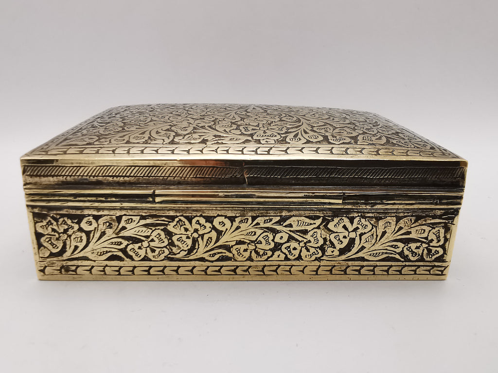 Antique/Vintage British India Hand-Engraved Wood-Lined Brass Trinket Box  1920s/1930s