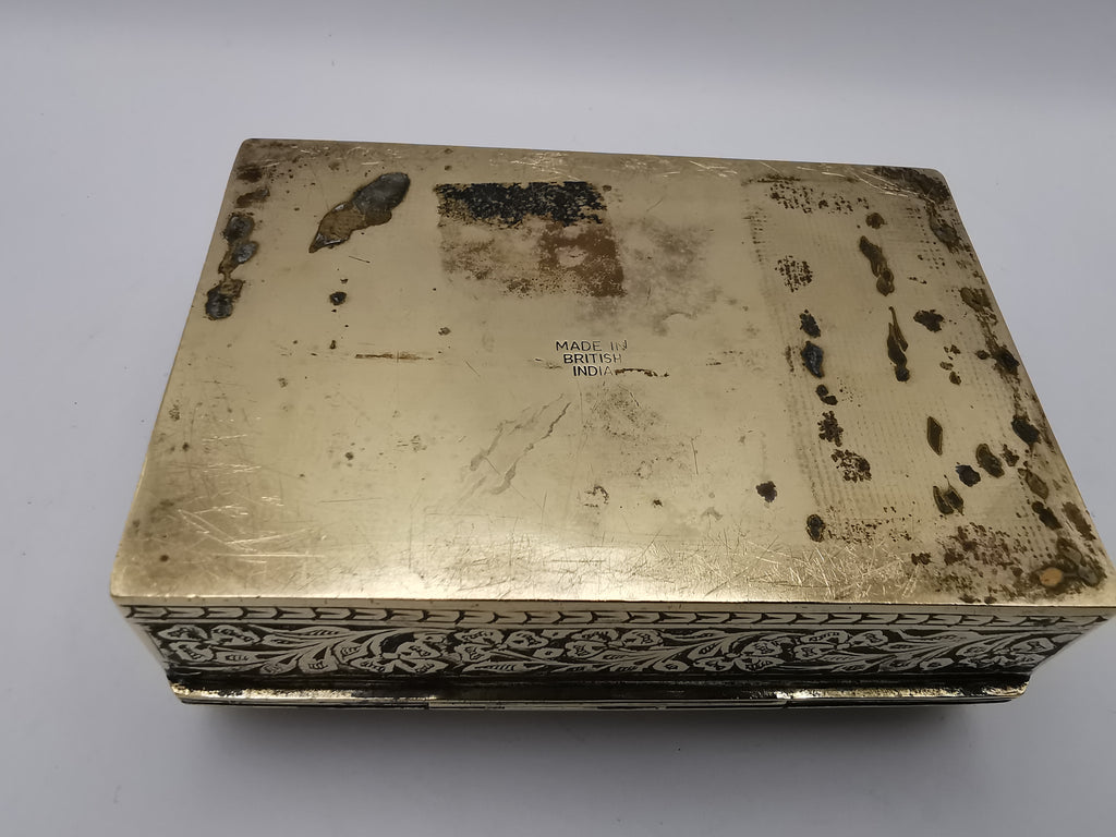 Antique/Vintage British India Hand-Engraved Wood-Lined Brass Trinket Box  1920s/1930s