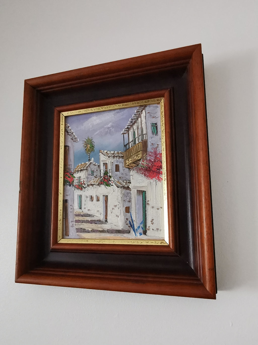 Vintage Mediterranean Village Street Scene Impasto Oil Painting – Framed, Signed, 24cm x 27cm