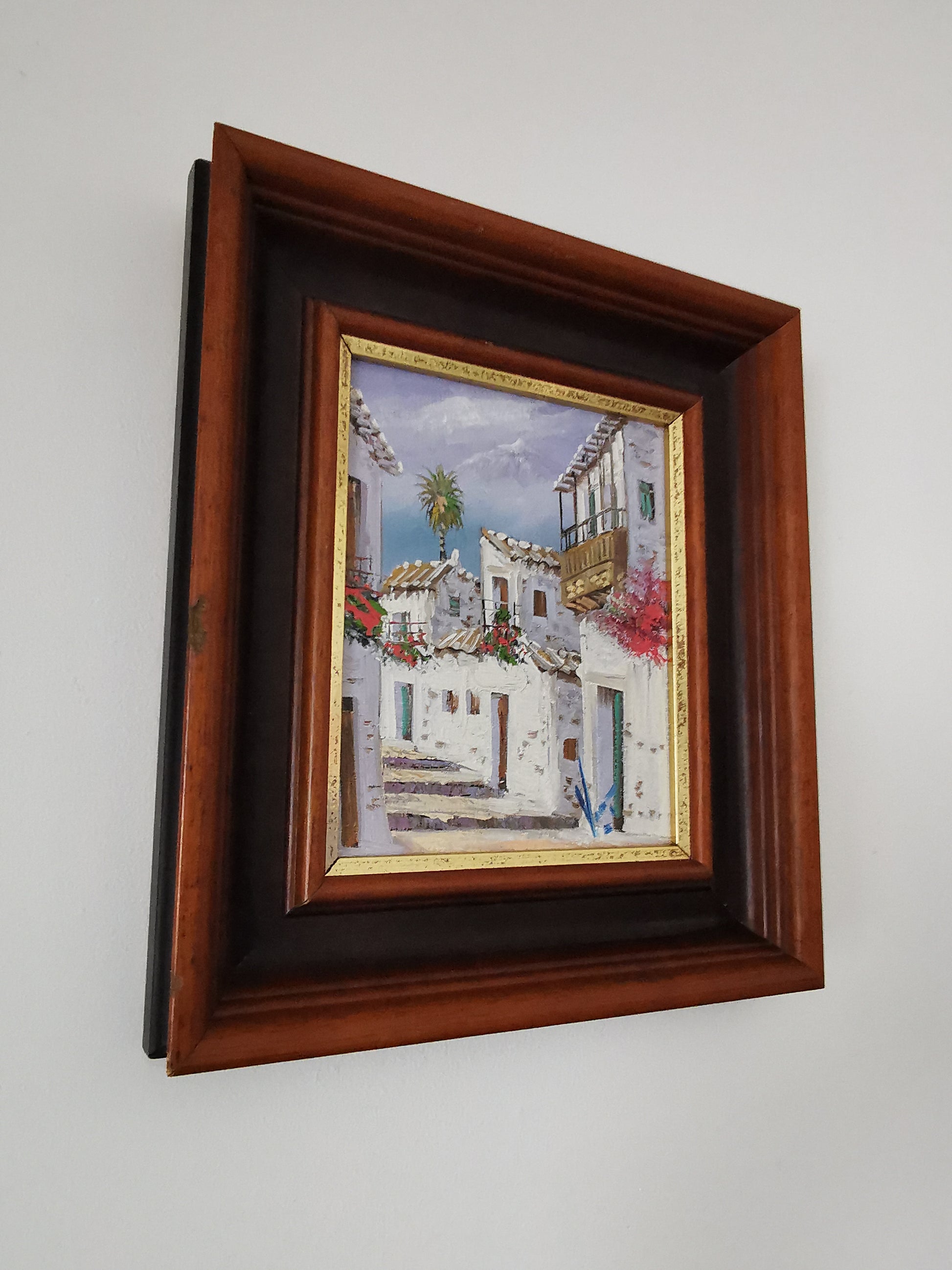 Vintage Mediterranean Village Street Scene Impasto Oil Painting – Framed, Signed, 24cm x 27cm