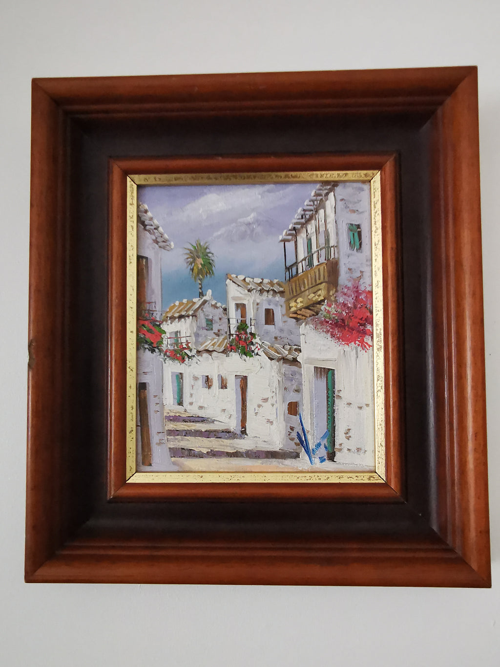 Vintage Mediterranean Village Street Scene Impasto Oil Painting – Framed, Signed, 24cm x 27cm