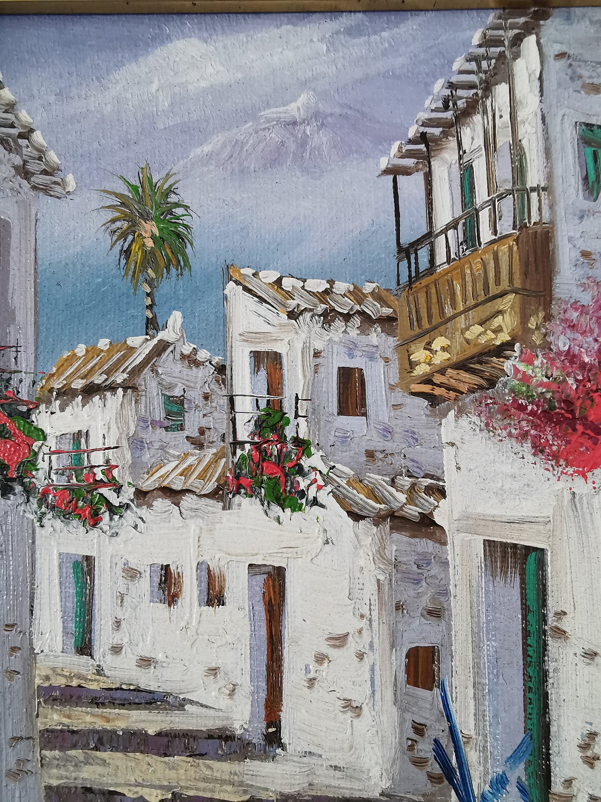 Vintage Mediterranean Village Street Scene Impasto Oil Painting – Framed, Signed, 24cm x 27cm