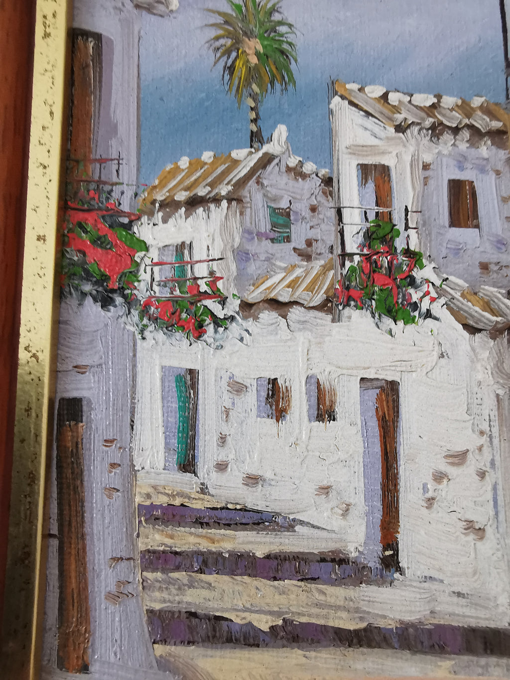Vintage Mediterranean Village Street Scene Impasto Oil Painting – Framed, Signed, 24cm x 27cm