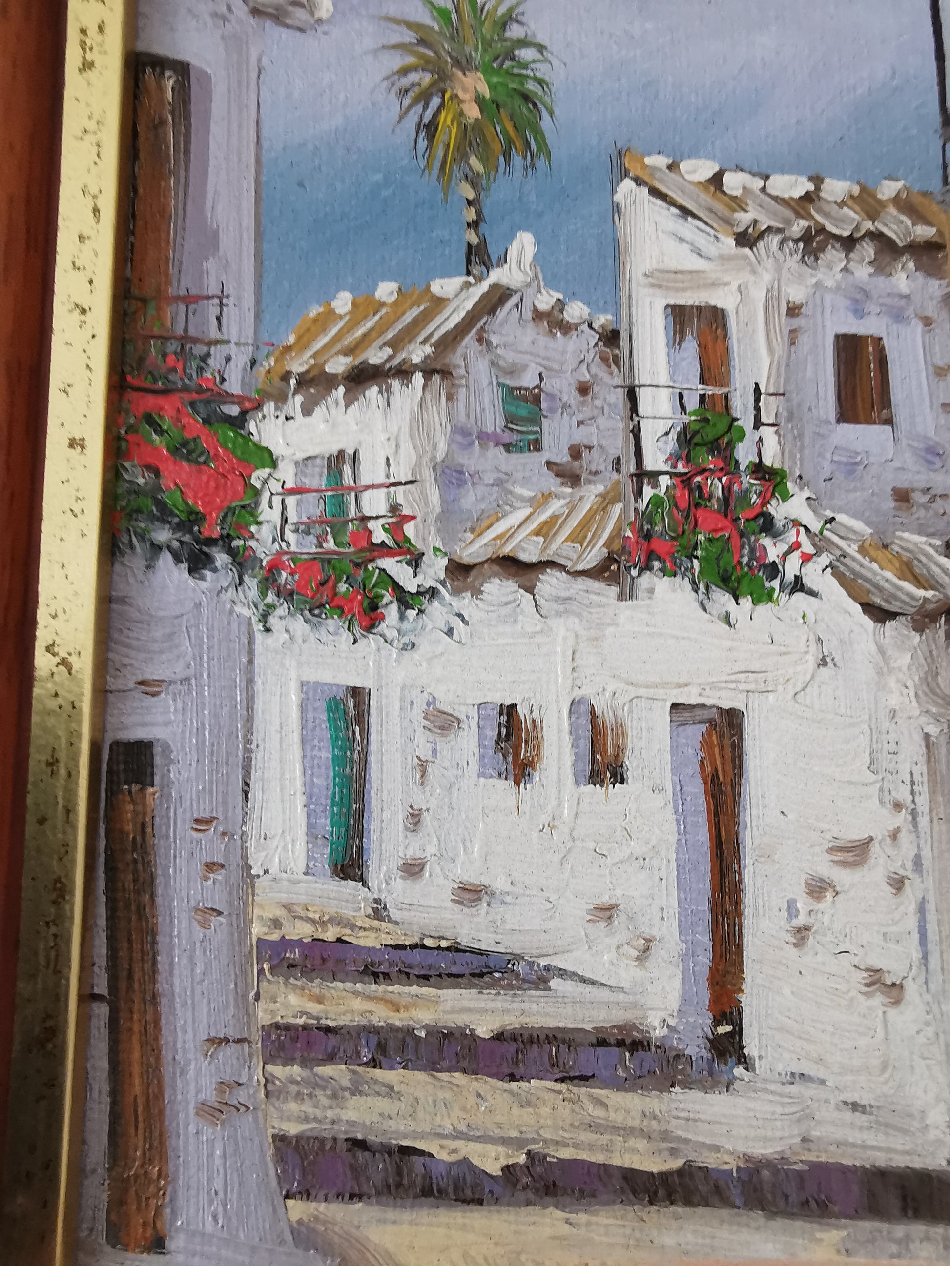 Vintage Mediterranean Village Street Scene Impasto Oil Painting – Framed, Signed, 24cm x 27cm