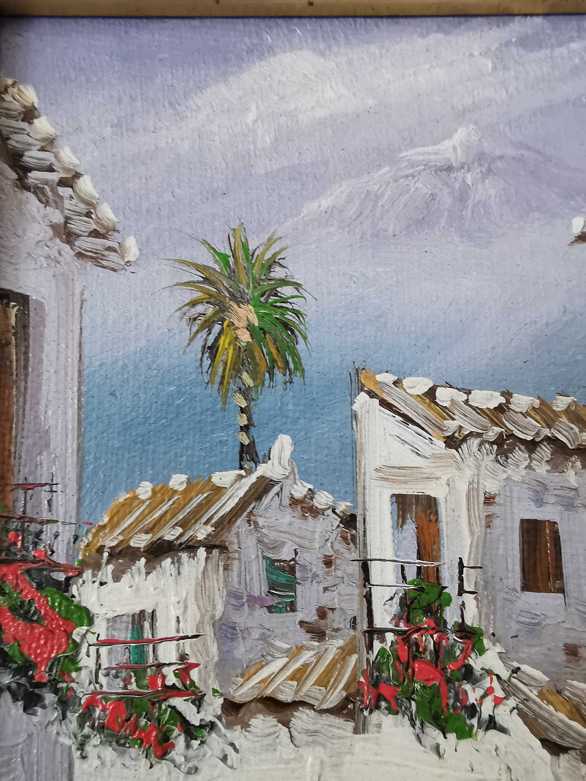 Vintage Mediterranean Village Street Scene Impasto Oil Painting – Framed, Signed, 24cm x 27cm