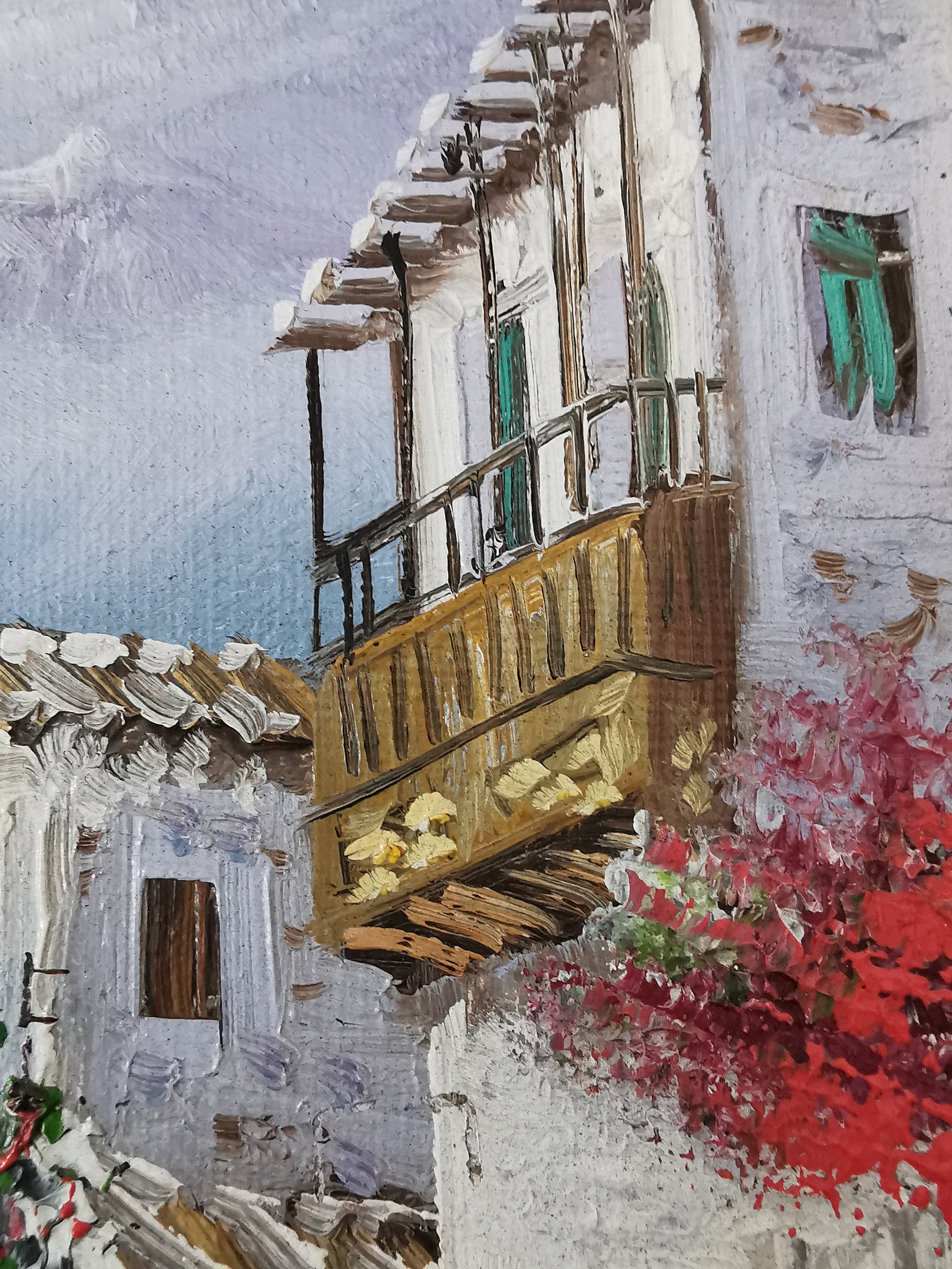 Vintage Mediterranean Village Street Scene Impasto Oil Painting – Framed, Signed, 24cm x 27cm
