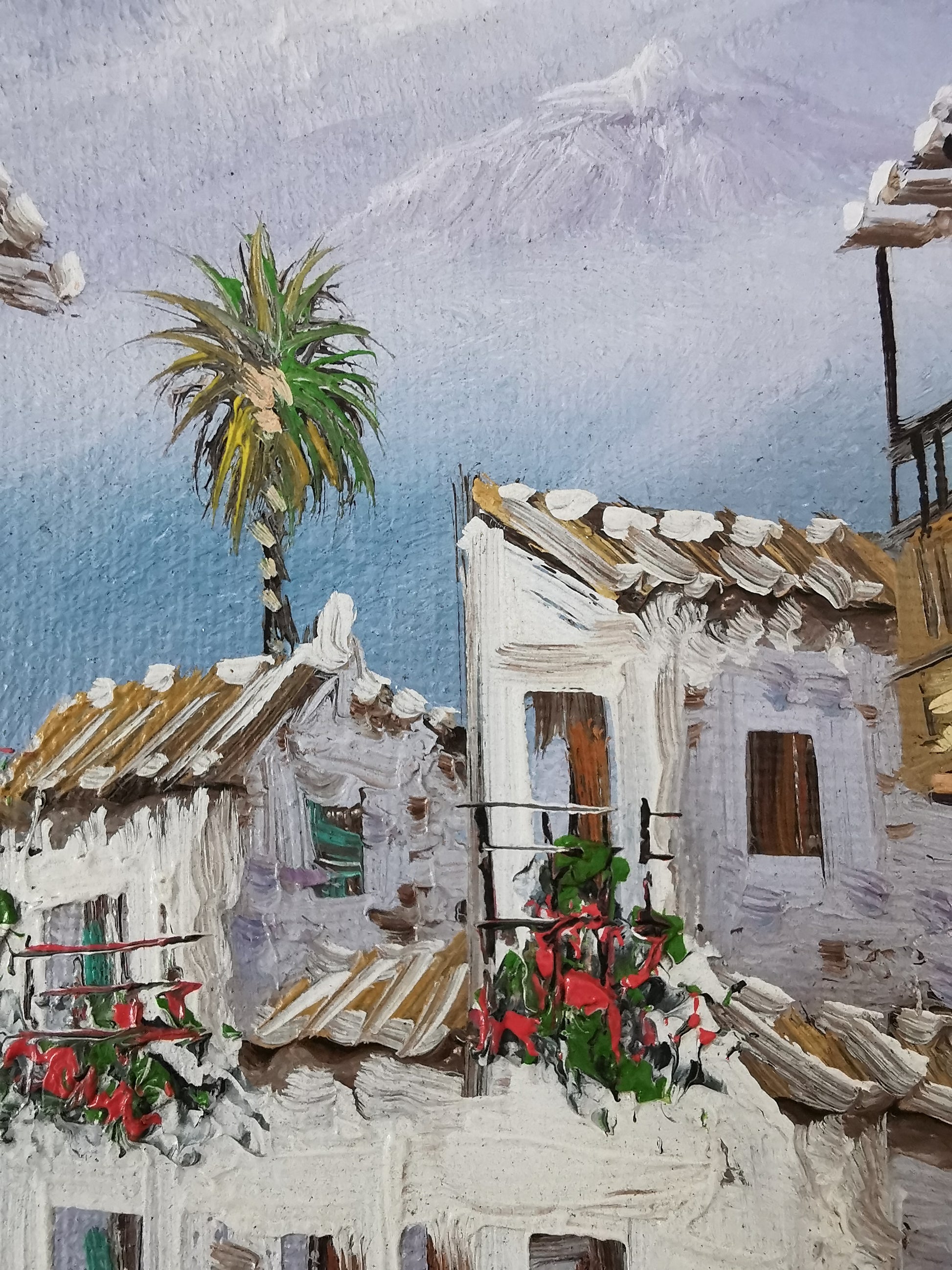Vintage Mediterranean Village Street Scene Impasto Oil Painting – Framed, Signed, 24cm x 27cm