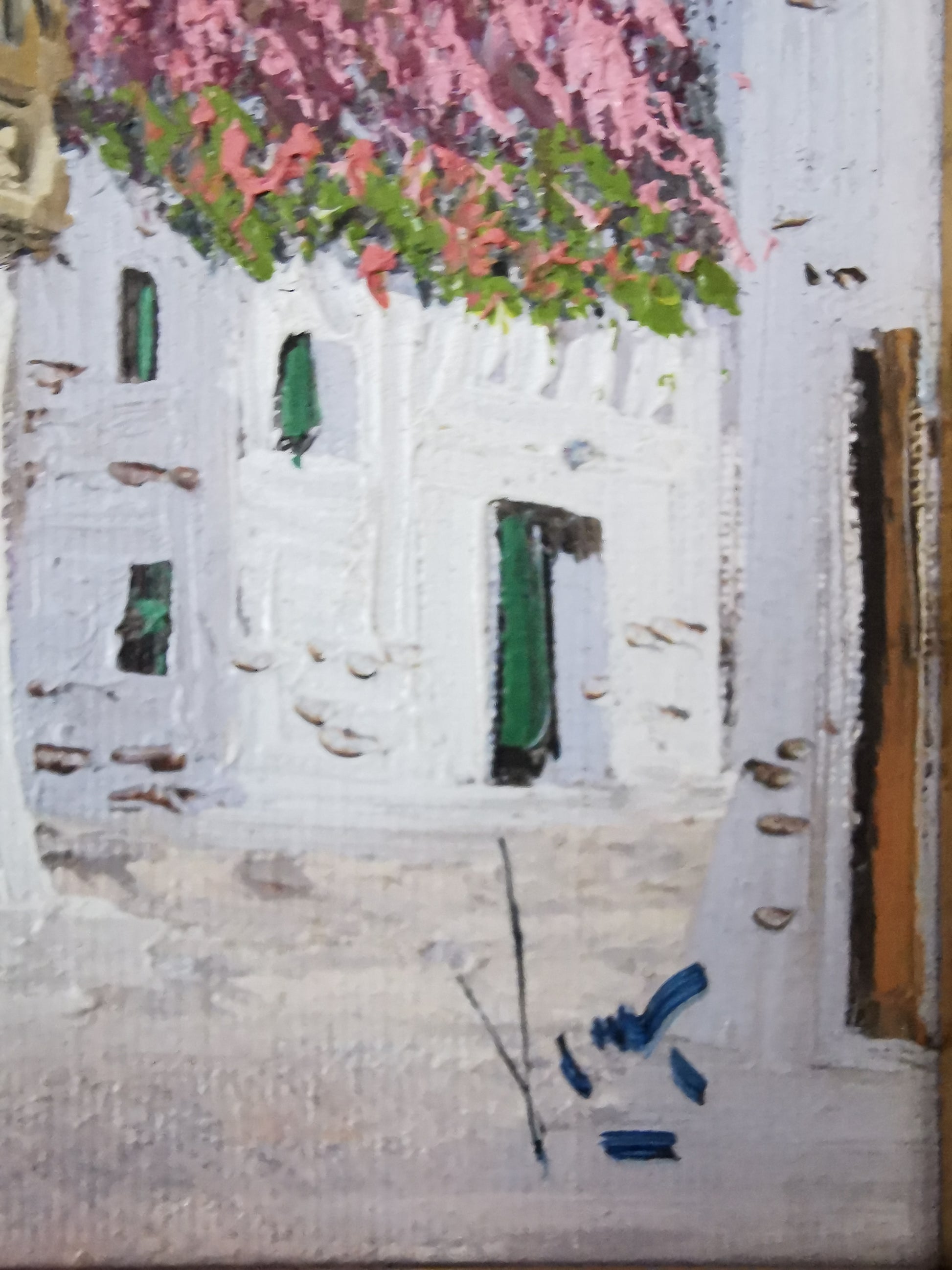 Vintage Mediterranean Impasto Oil Painting White Village Framed, Signed, 24cm x 27cm