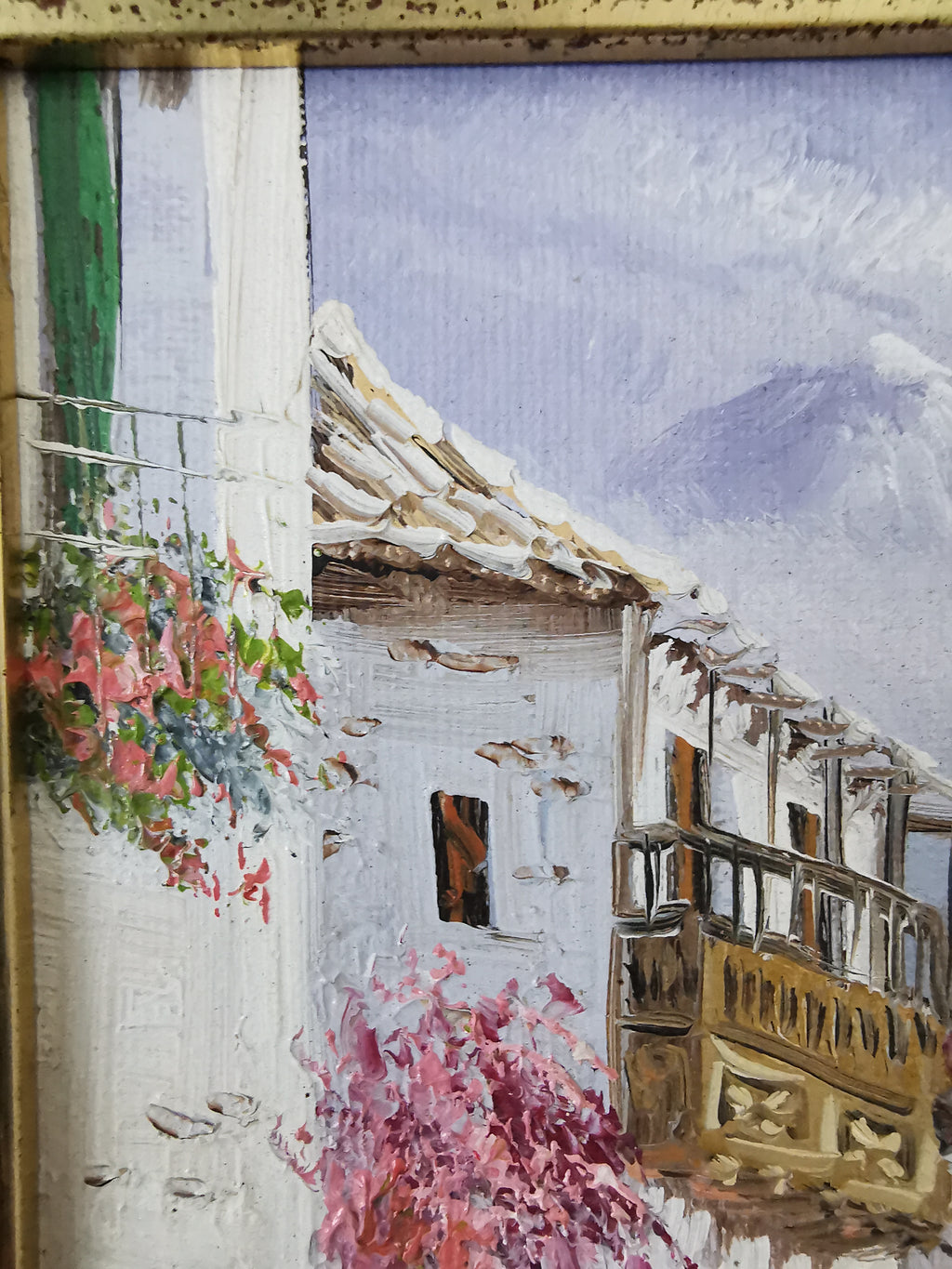 Vintage Mediterranean Impasto Oil Painting White Village Framed, Signed, 24cm x 27cm
